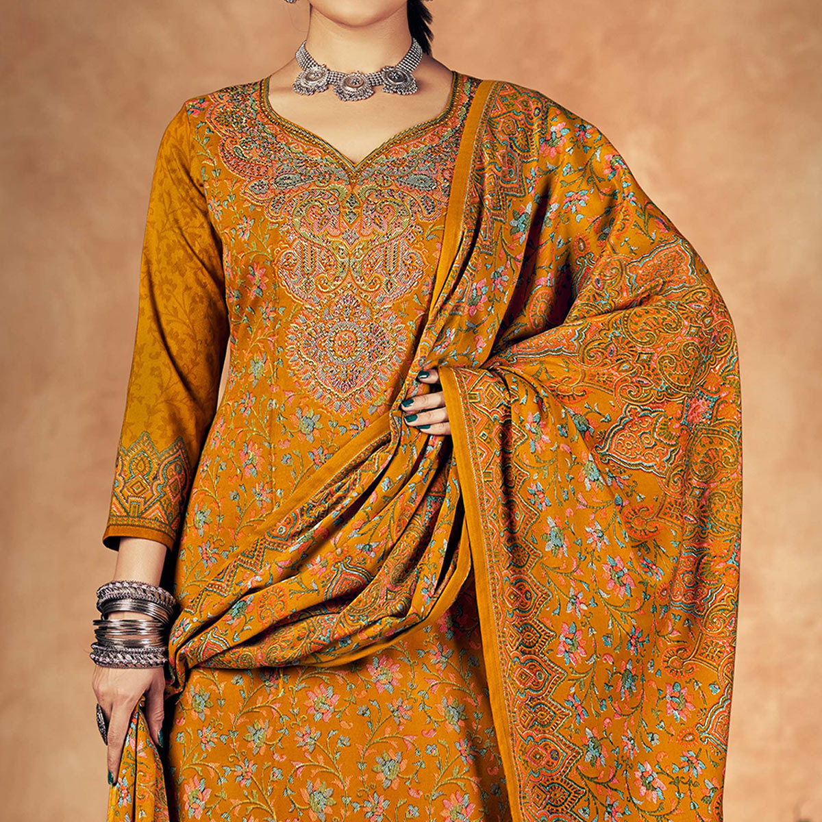 Mustard Floral Printed Pashmina Woolen Suit