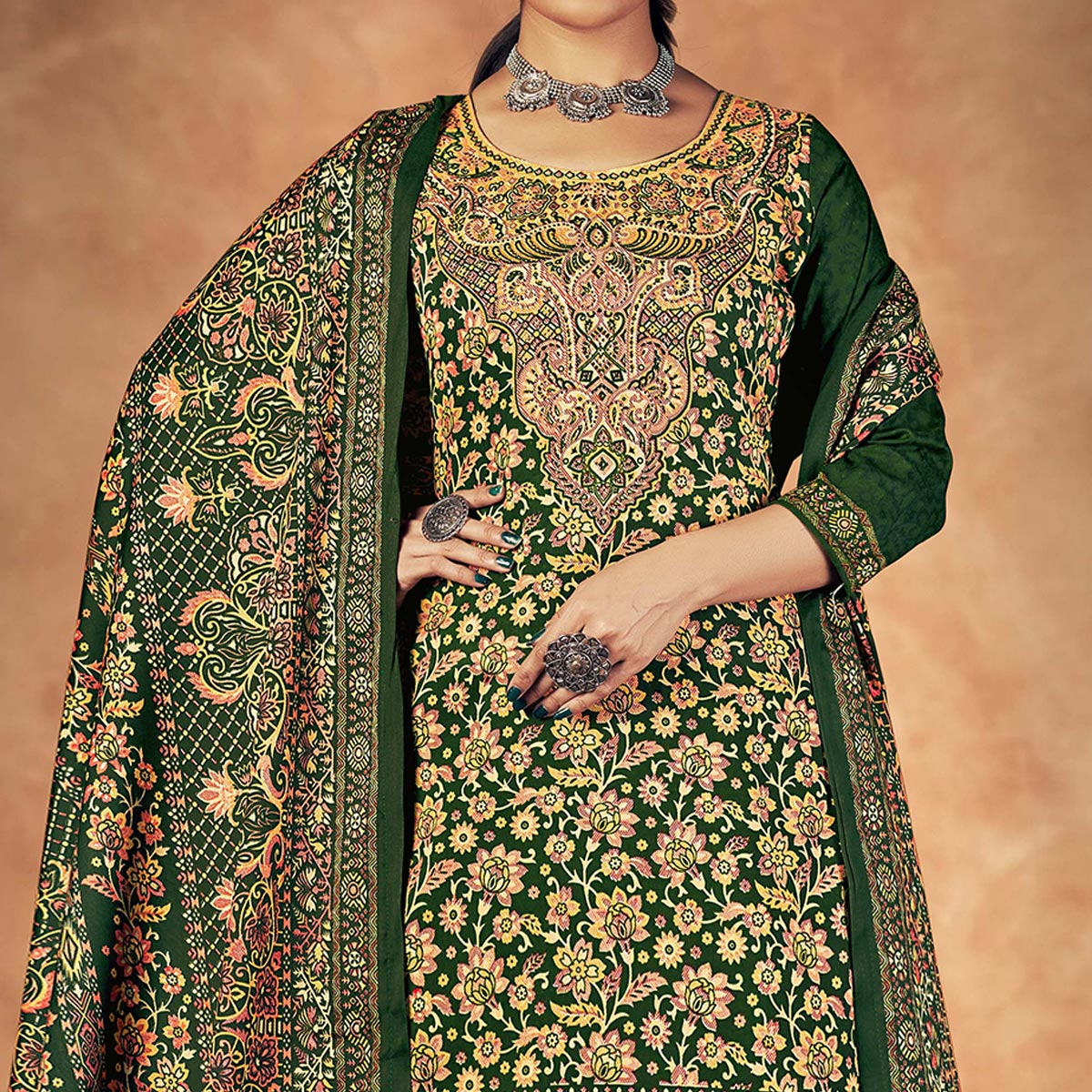 Green Floral Printed Pashmina Woolen Suit