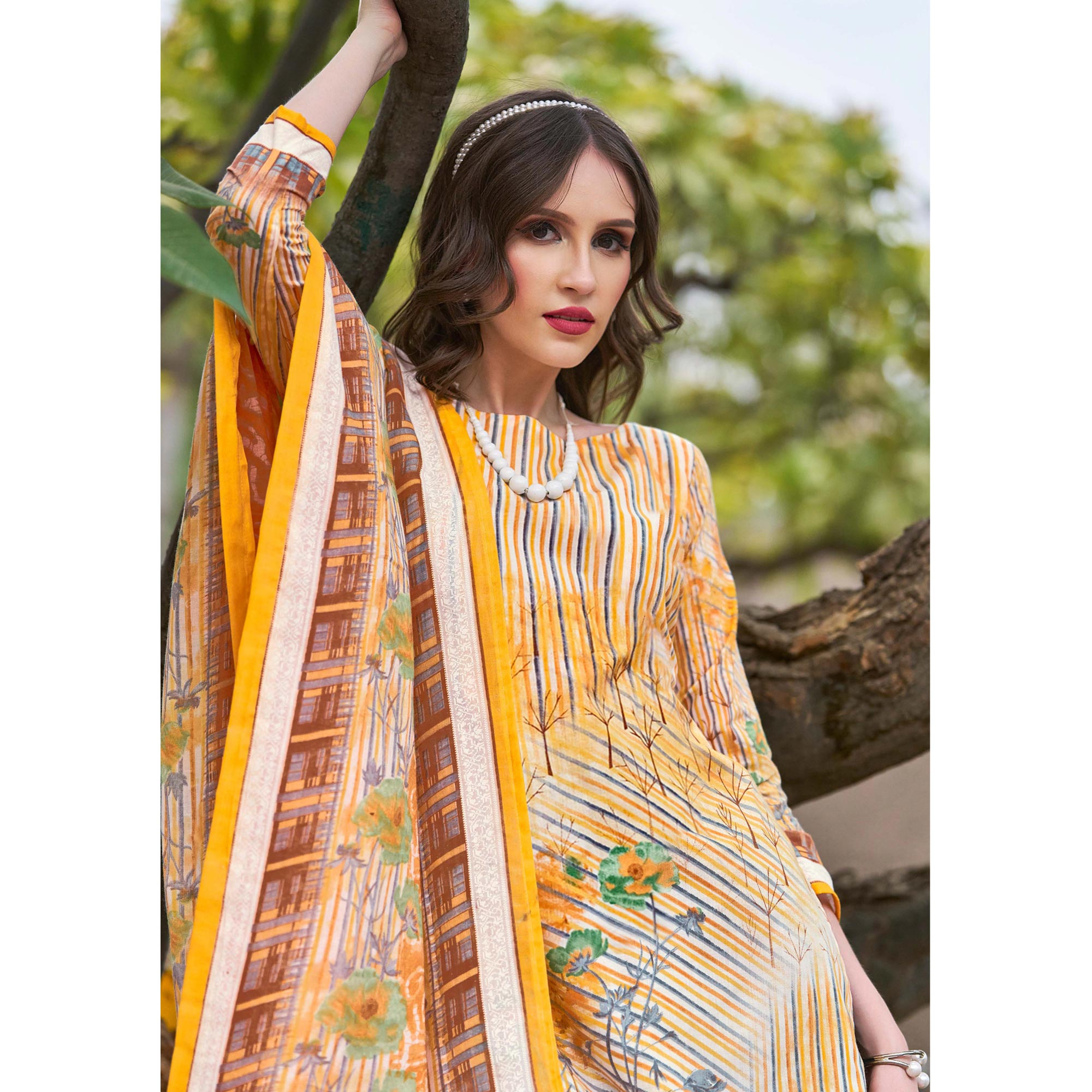 Mustard Floral Printed Pure Cotton Dress Material