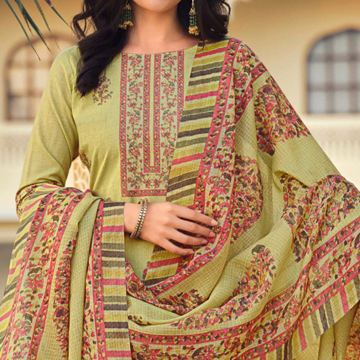 Green Floral Printed Pure Cotton Suit