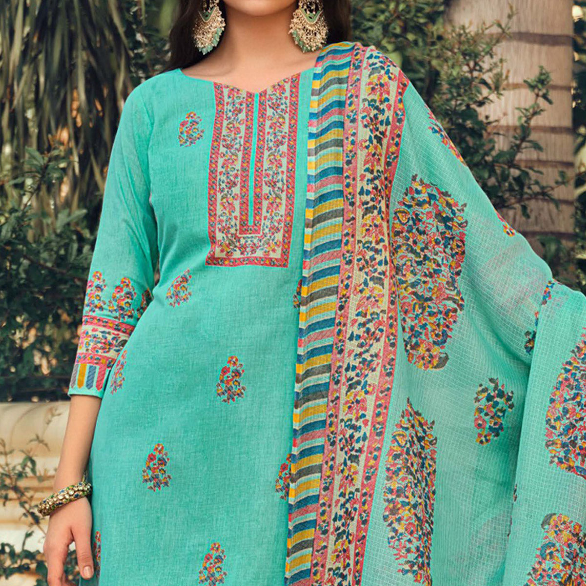 Turquoise Floral Printed Pure Cotton Suit