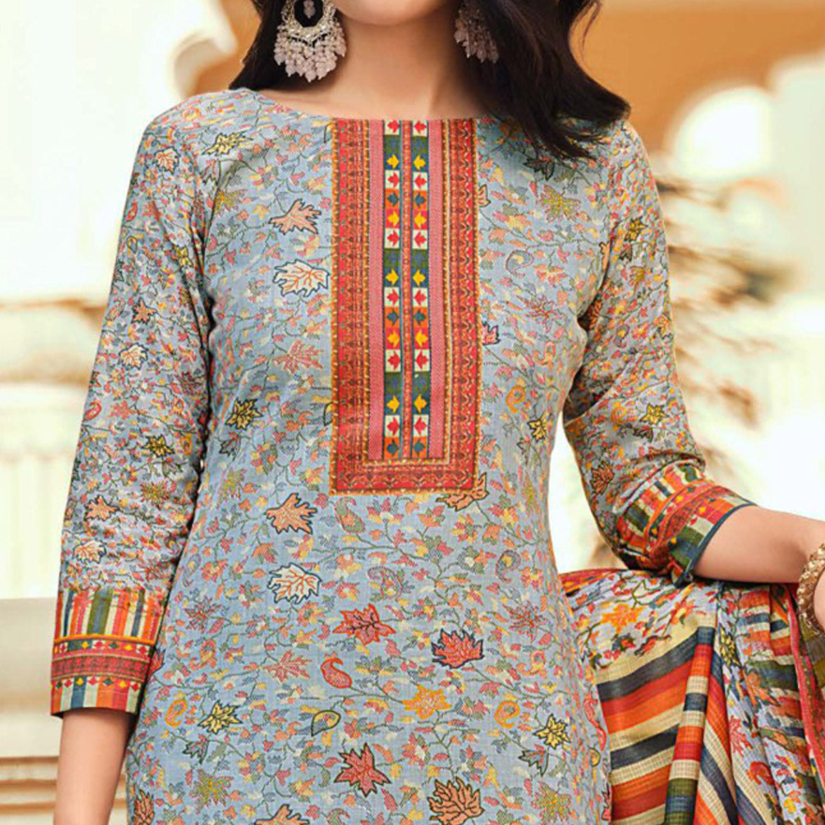 Grey Floral Printed Pure Cotton Suit