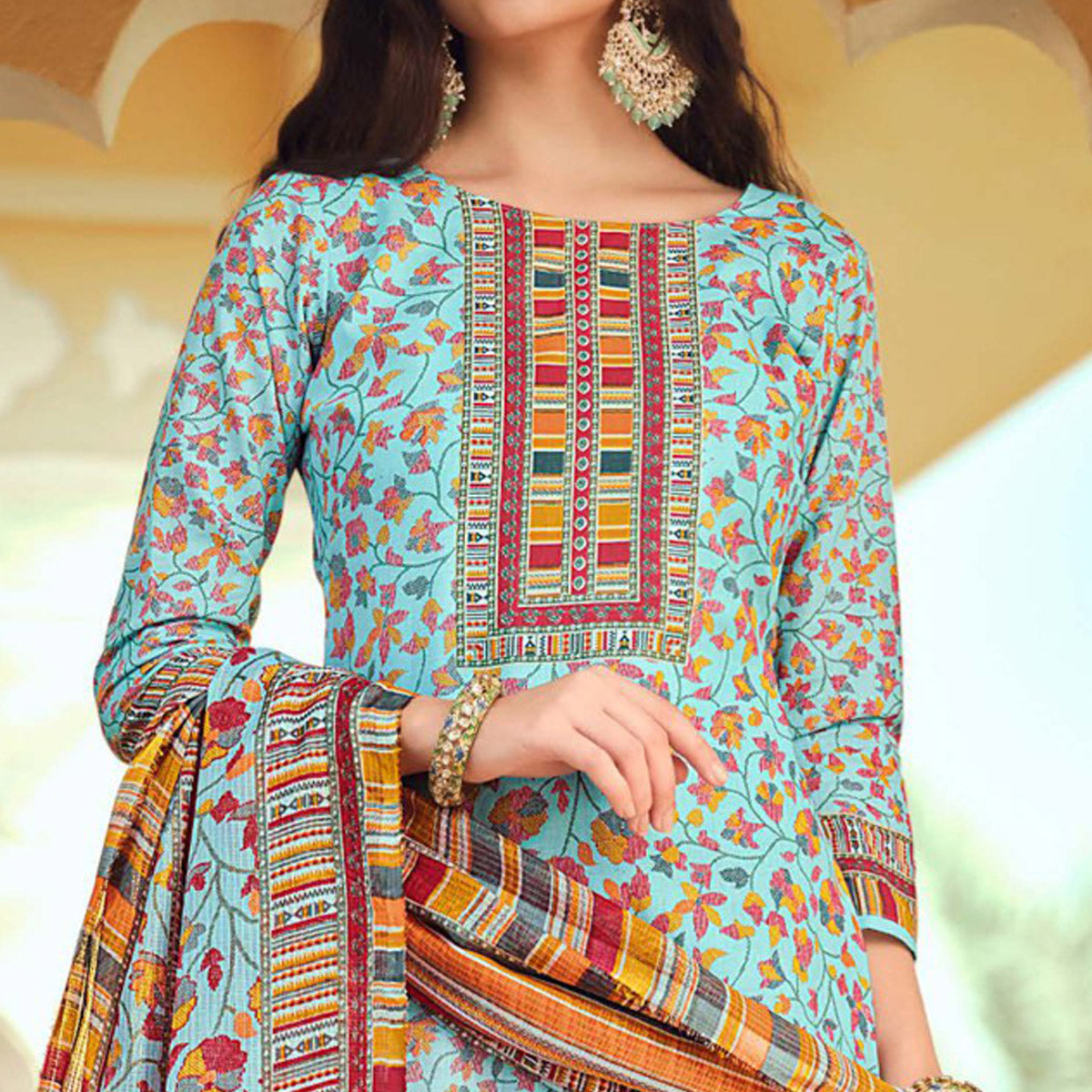 Green pure Cotton Floral Print Office wear suit with Beautiful Embroidery Work on neck main image 0