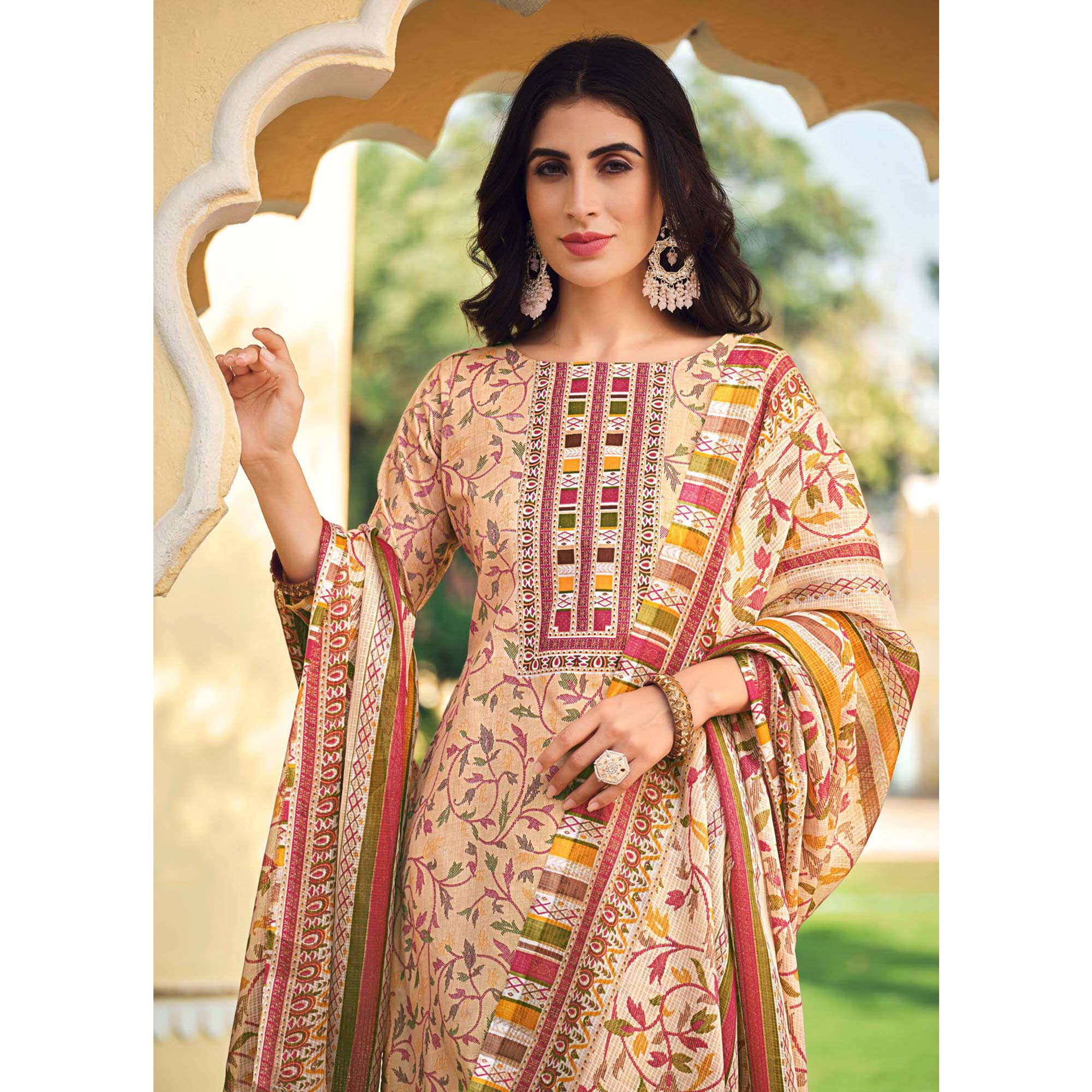 Beige Floral Printed Pure Cotton Suit