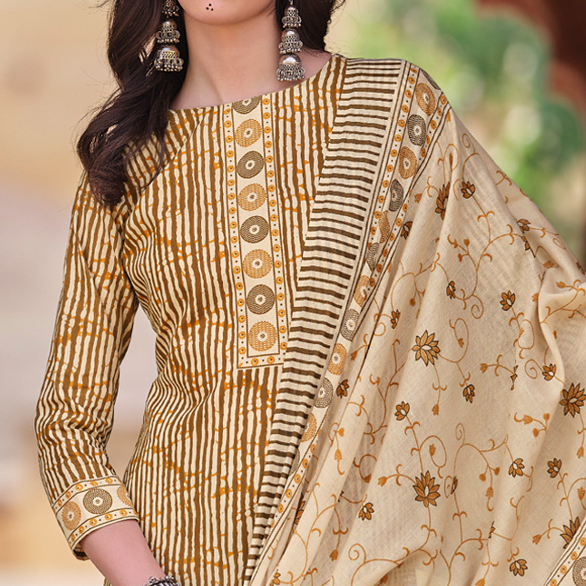 Beige Printed Pure Cotton Dress Material