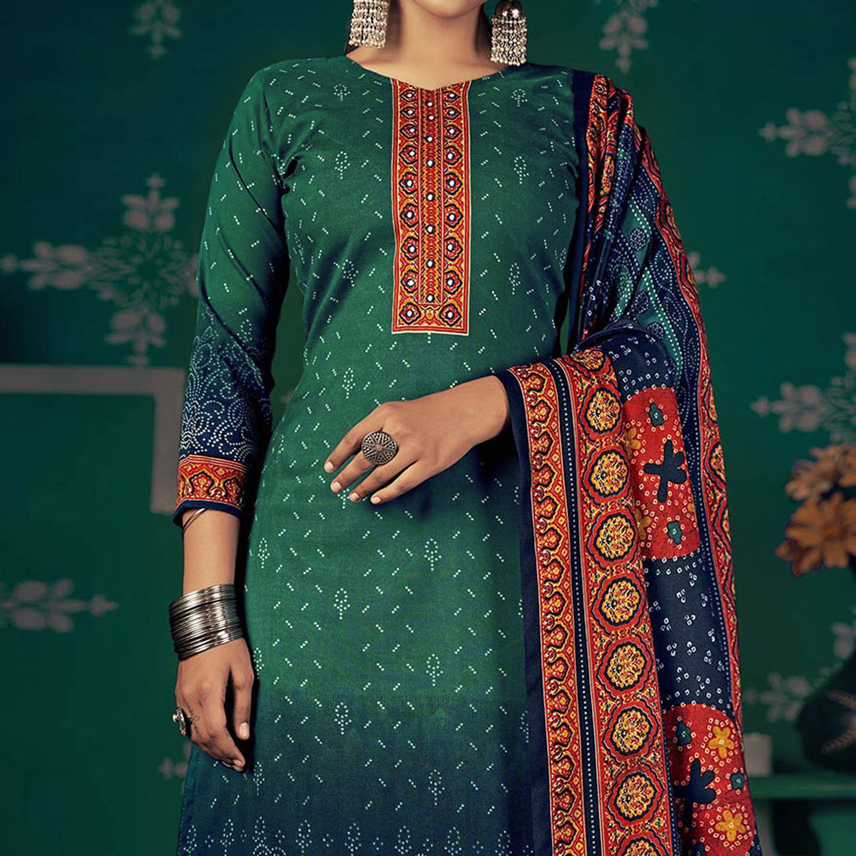 Green Bandhani Printed Pashmina Salwar Suit