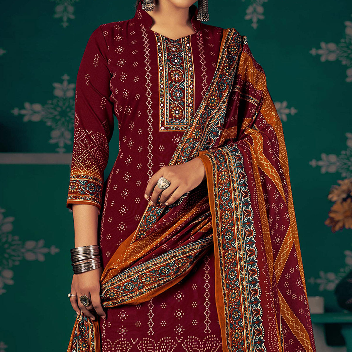 Maroon Bandhani Printed Pashmina Salwar Suit