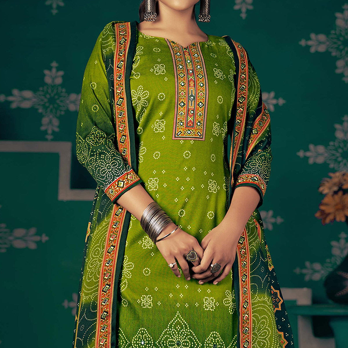 Green Bandhani Printed Pashmina Salwar Suit