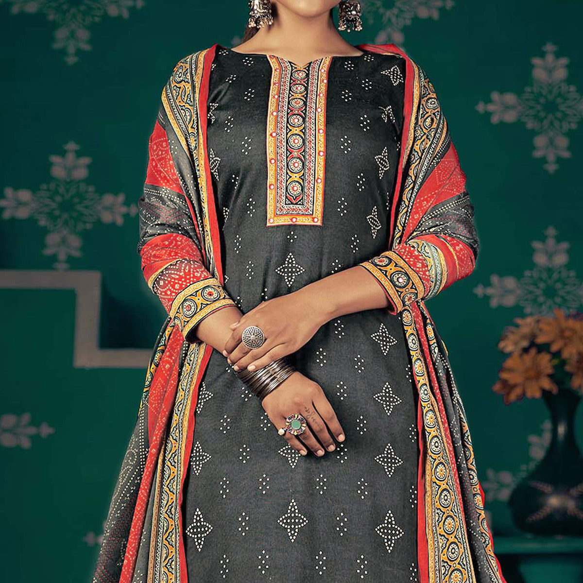 Dark Grey Bandhani Printed Pashmina Salwar Suit