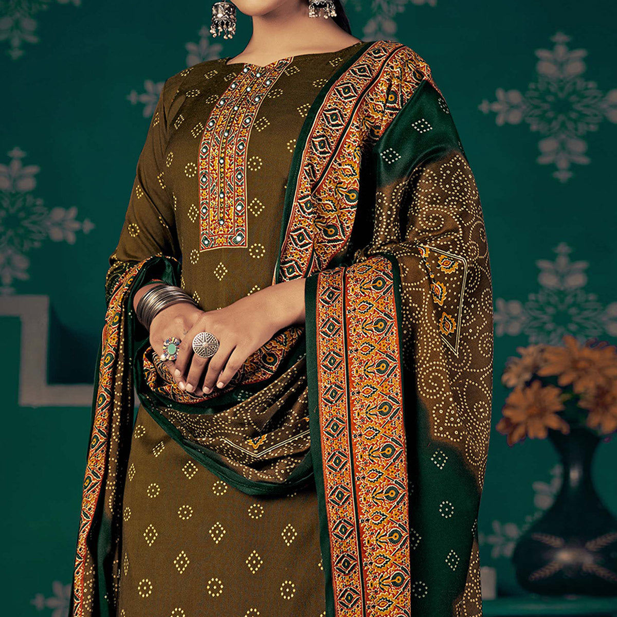 Mehendi Green Bandhani Printed Pashmina Salwar Suit