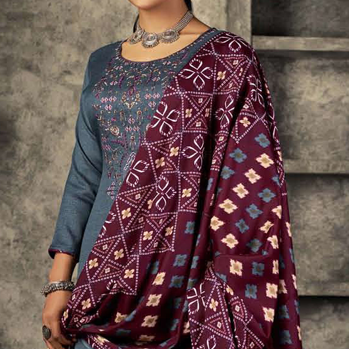 Grey Floral Embroidered With Printed Pashmina Salwar Suit