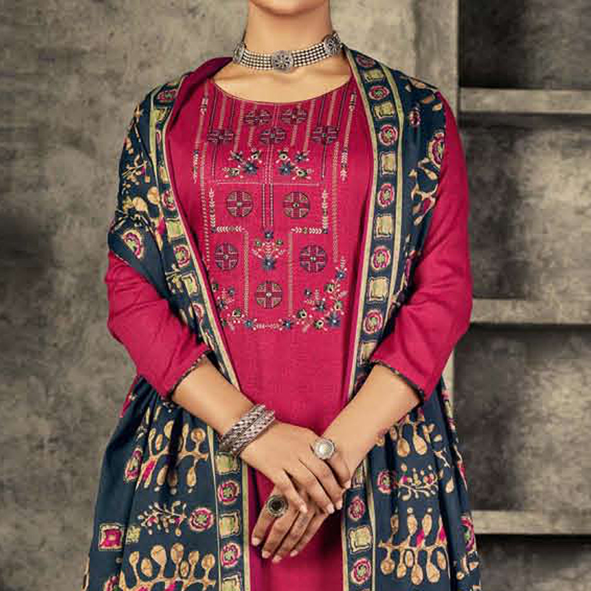 Rani Pink Floral Embroidered With Printed Pashmina Salwar Suit