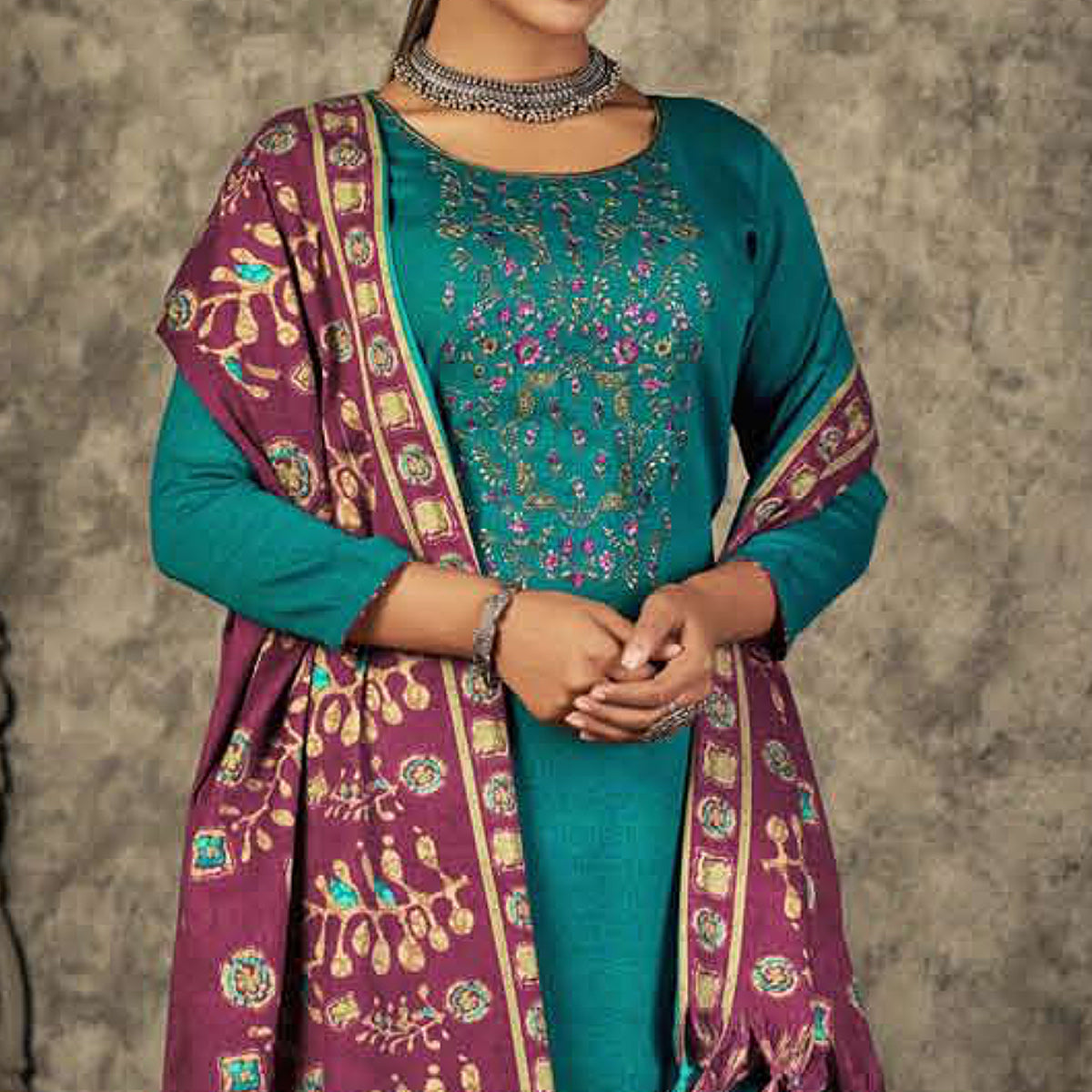 Rama Blue Floral Embroidered With Printed Pashmina Salwar Suit