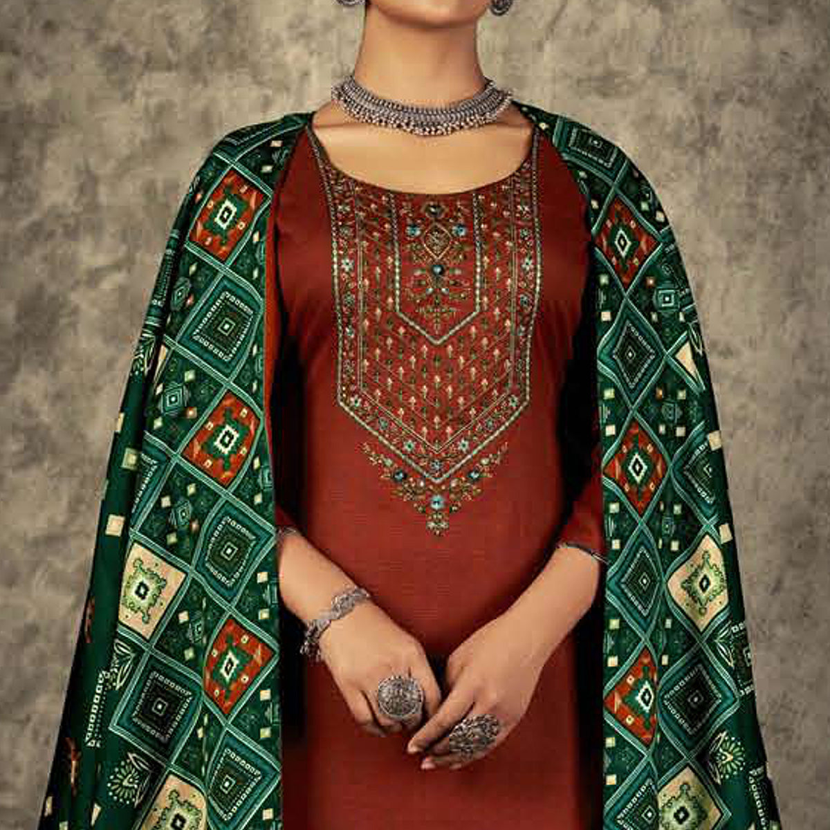 Rust Floral Embroidered With Printed Pashmina Salwar Suit