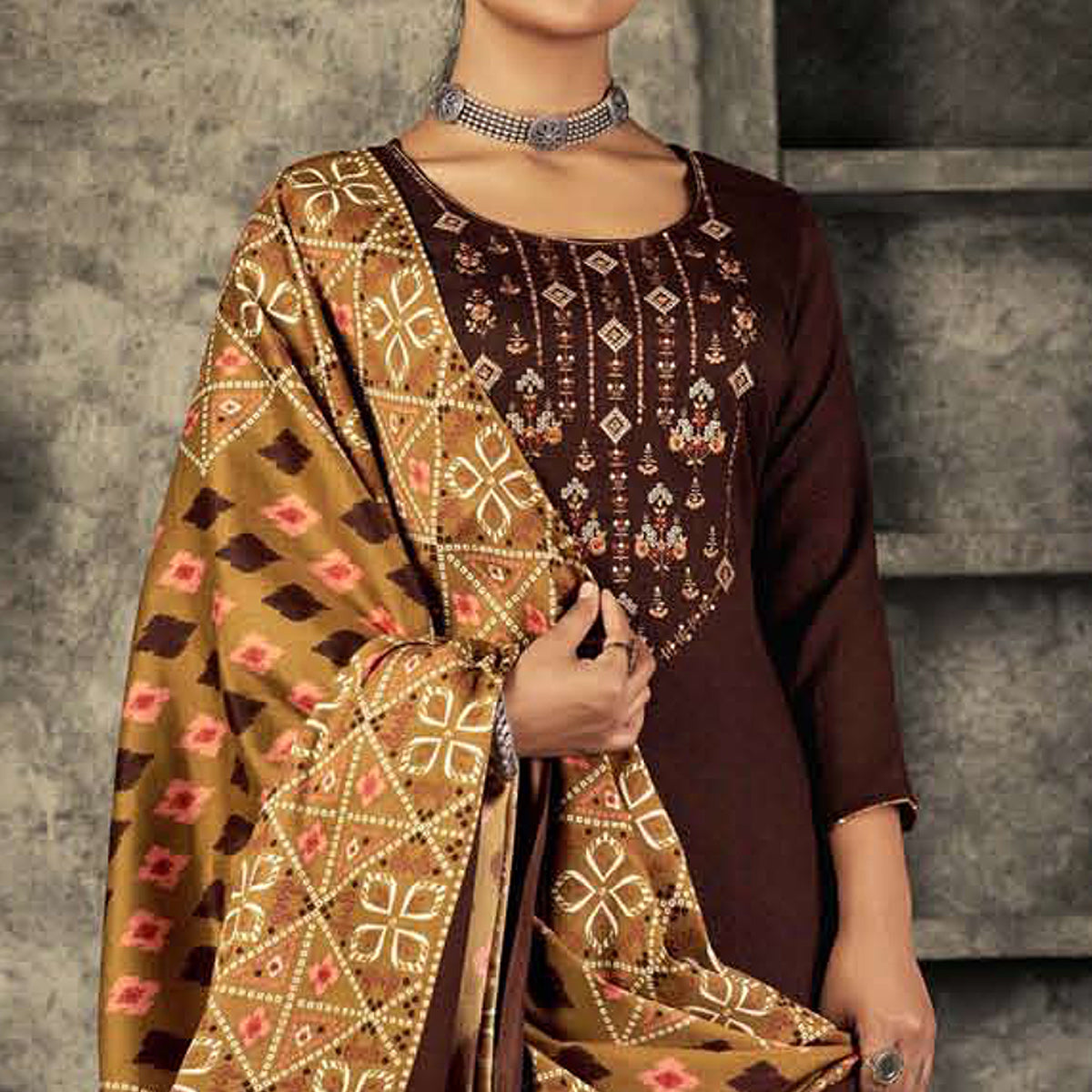 Brown Floral Embroidered With Printed Pashmina Salwar Suit