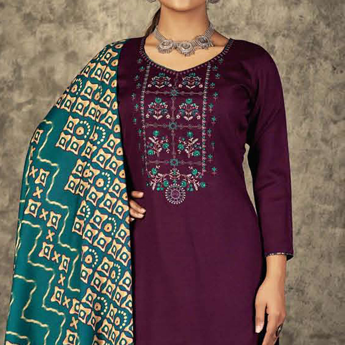 Wine Floral Embroidered With Printed Pashmina Salwar Suit