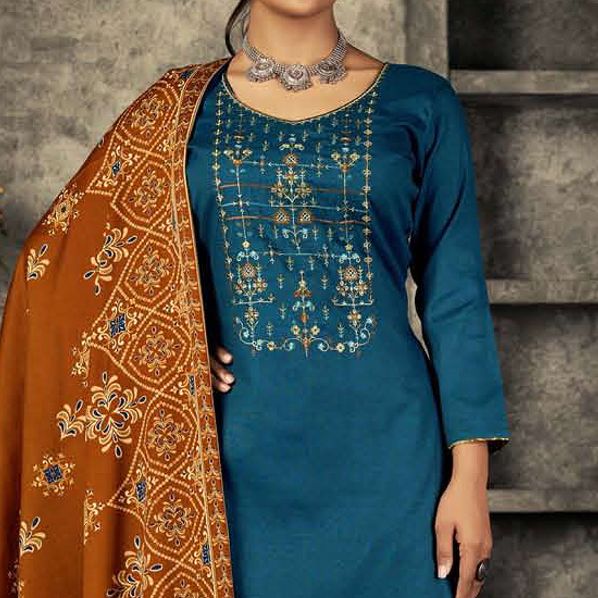 Morpich Floral Embroidered With Printed Pashmina Salwar Suit