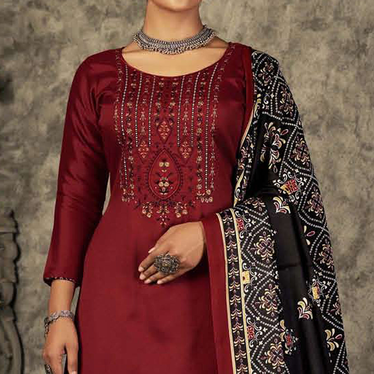 Maroon Floral Embroidered With Printed Pashmina Salwar Suit