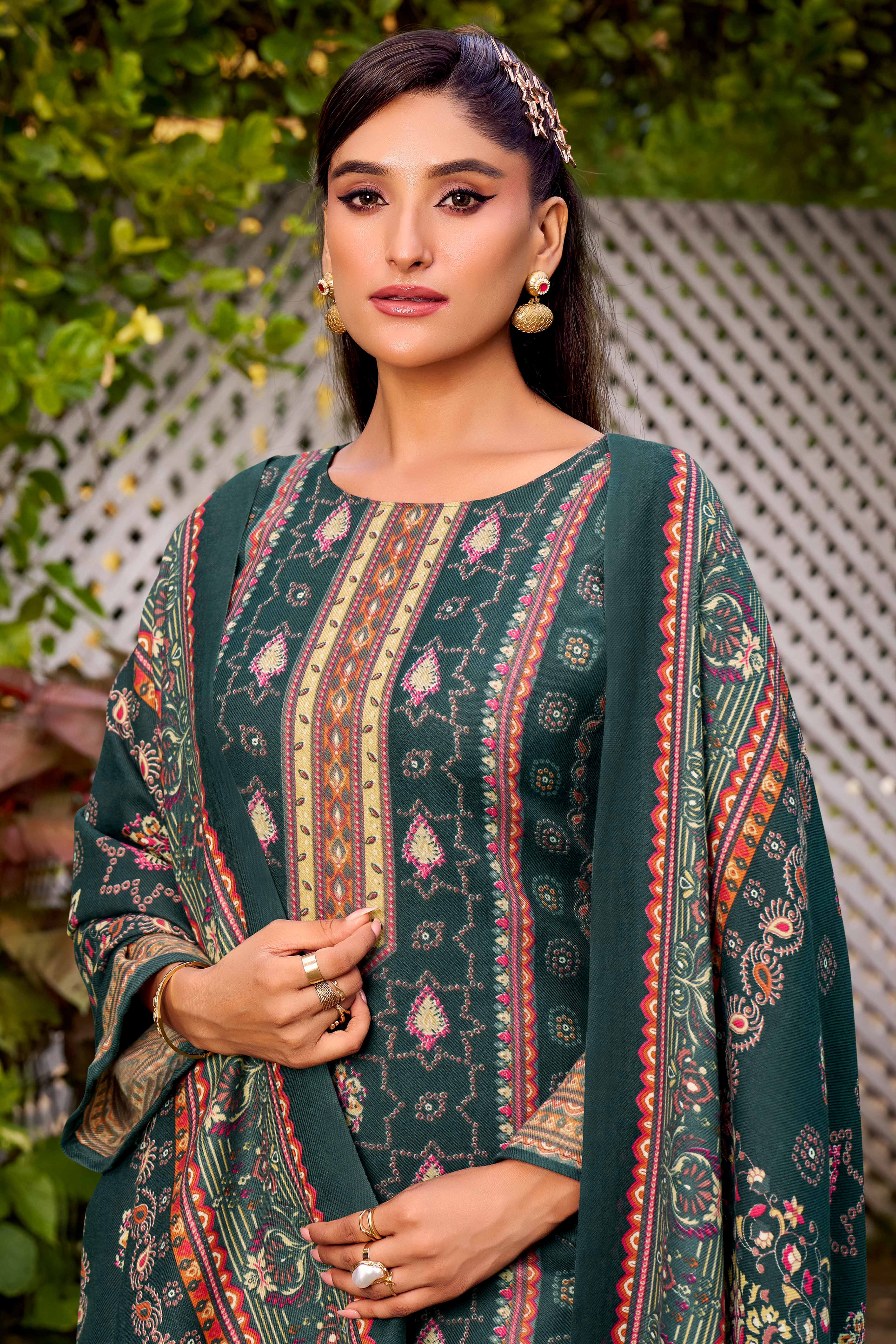 Elegant Teal Green Floral Printed Pure Pashmina Dress Material for Winter Wear