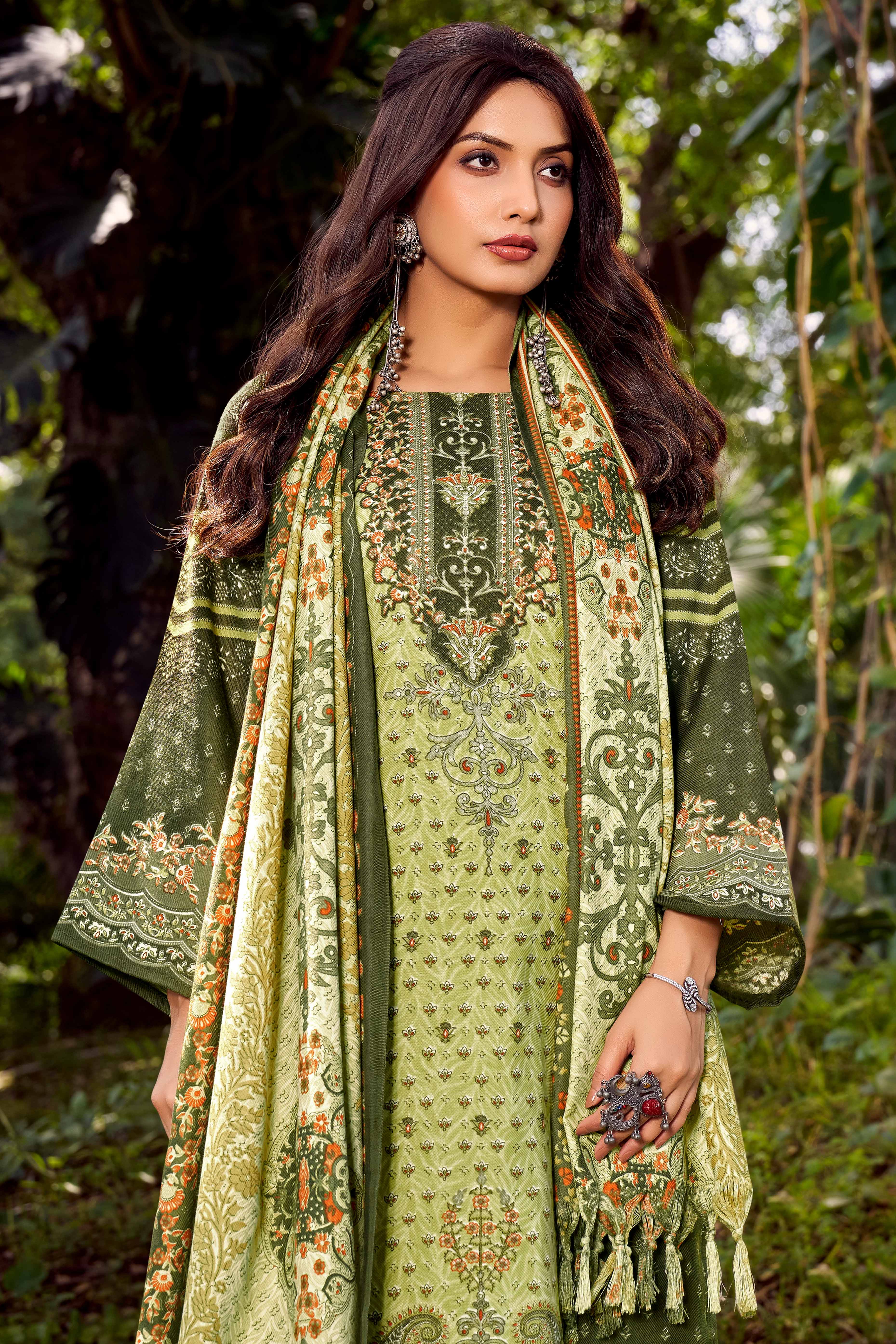 Elegant Olive Green Floral Printed Pure Pashmina Dress Material for Winter Wear