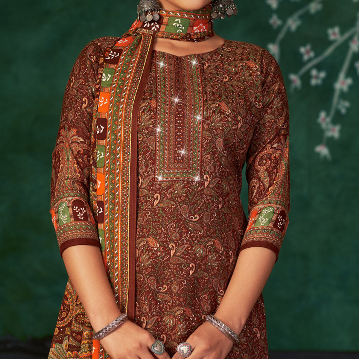 Brown Floral Printed With Swarovski Work Pashmina Suit