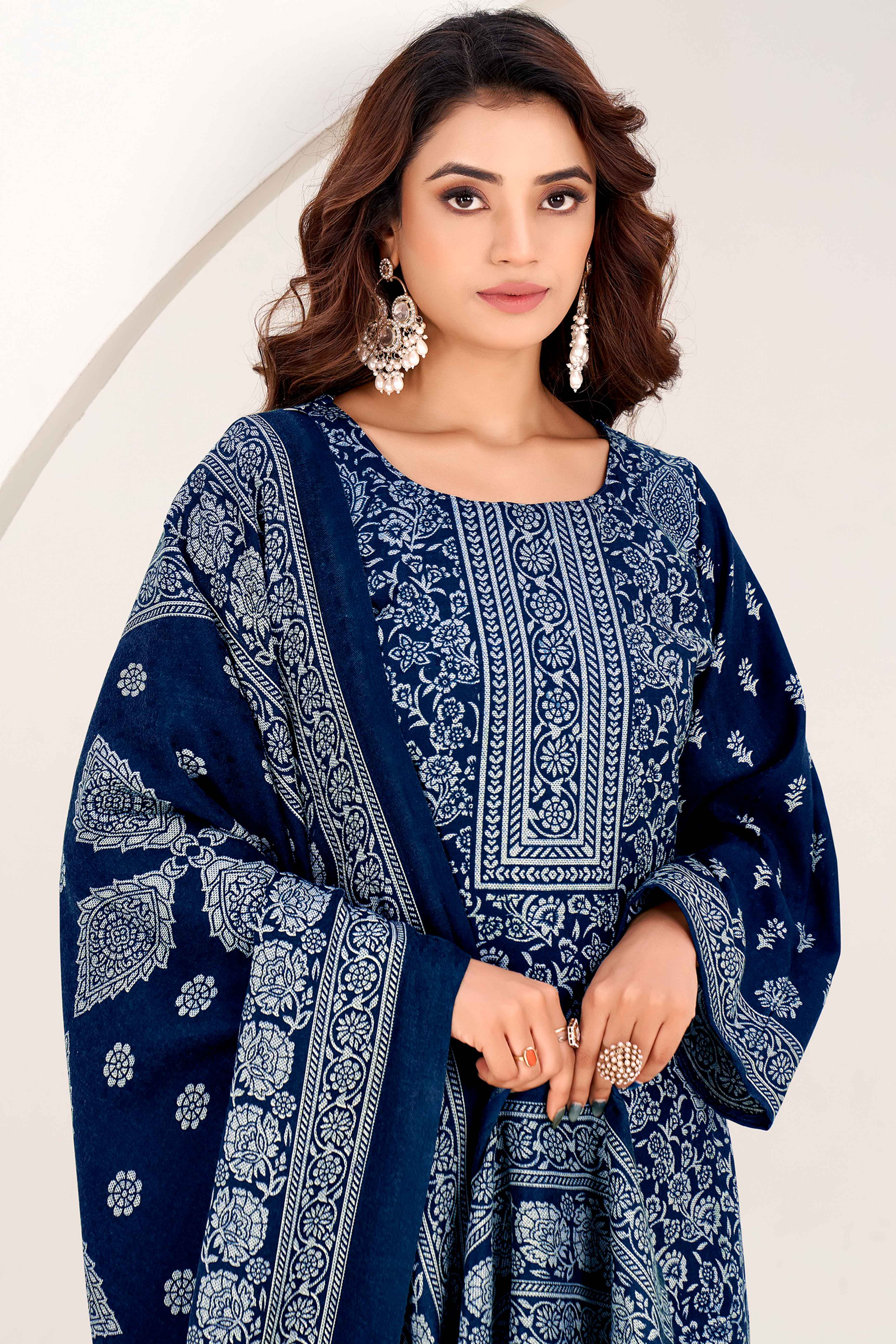 Blue Floral Printed Pure Pashmina Soft & Warm Dress Material for Winter