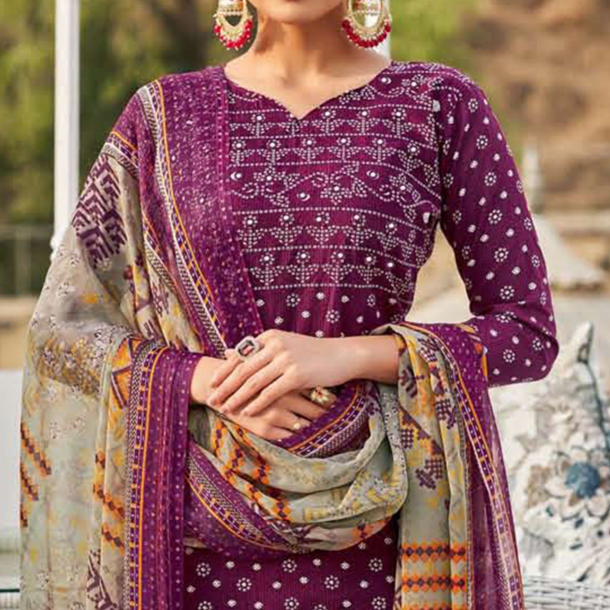 Wine Printed Pure Cotton Suit