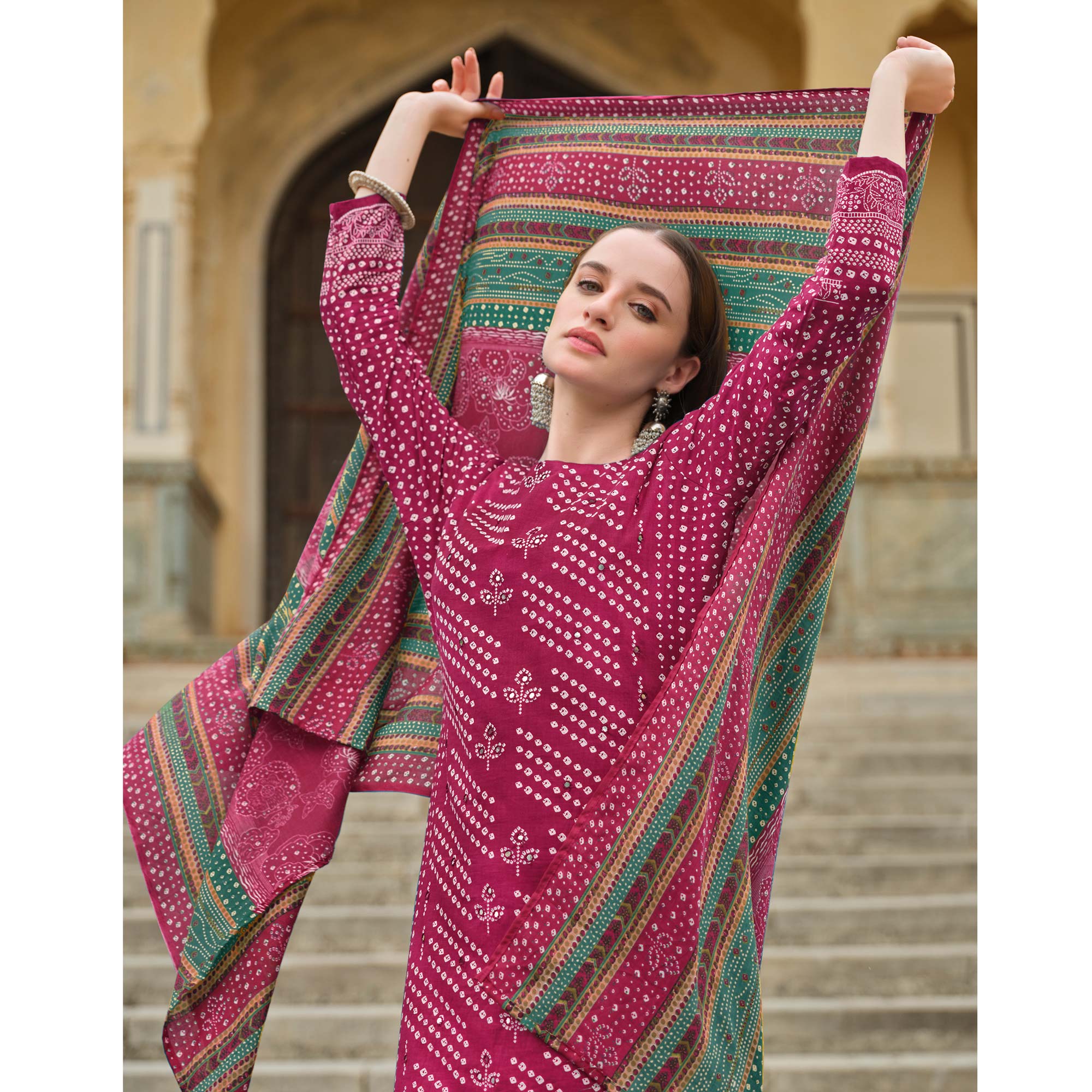 Dark Pink Bandhani Printed Pure Cotton Dress Material