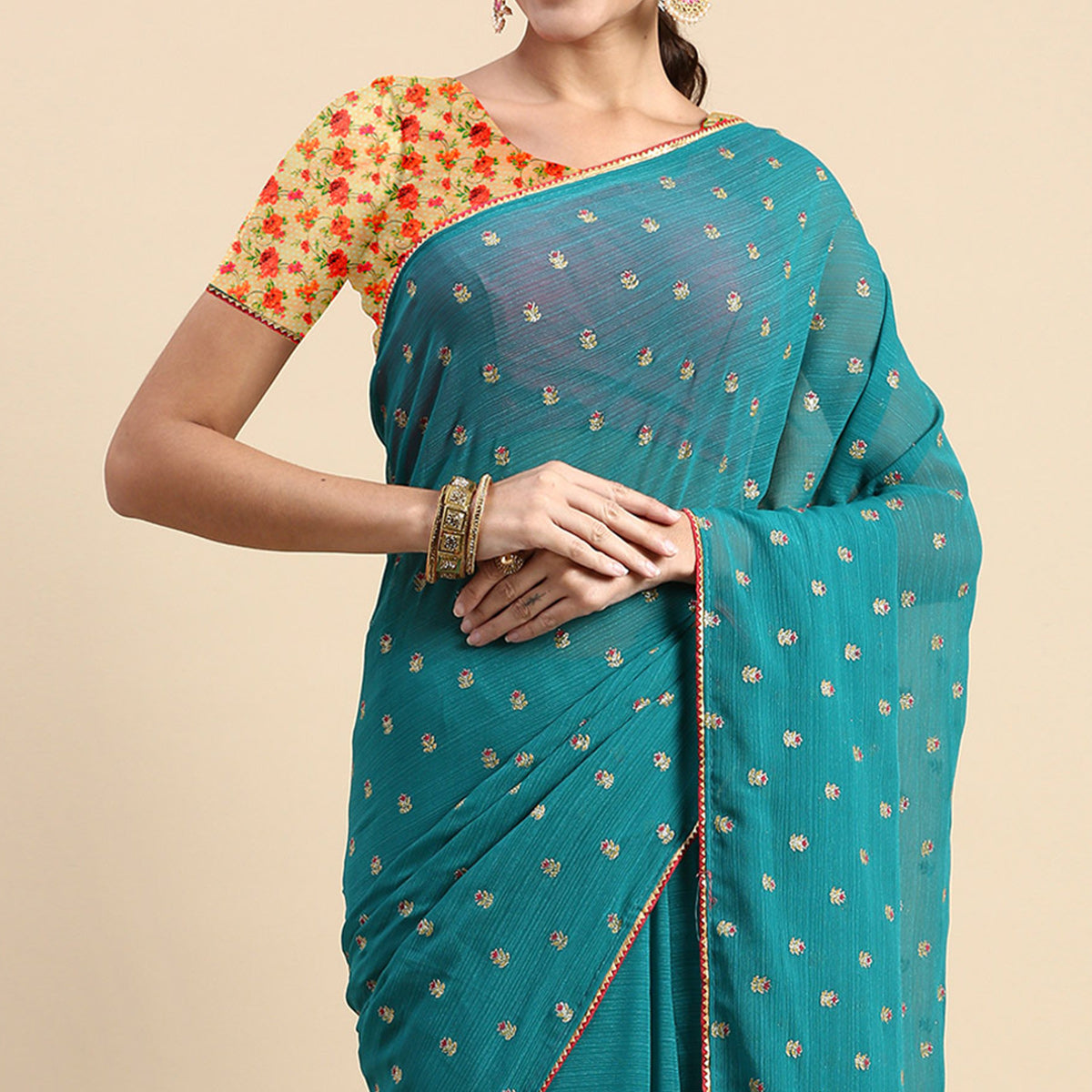 Rama Blue Embroidered Chiffon Saree