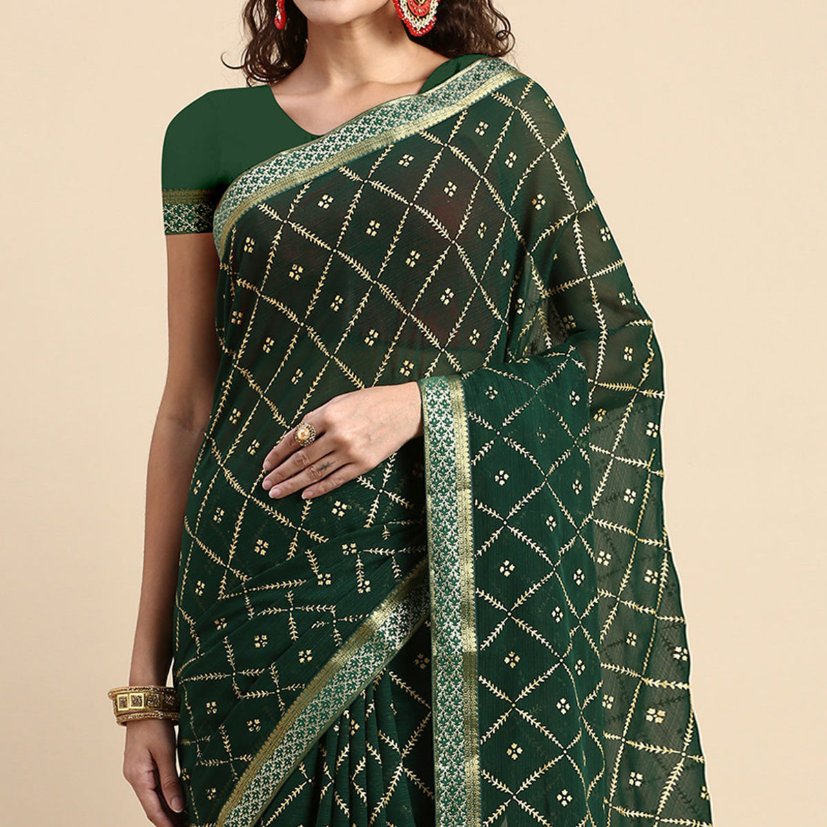 Green Floral Foil Printed Zomato Saree