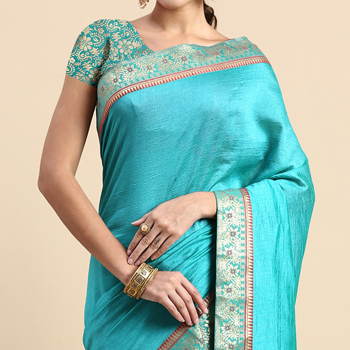 Turquoise Green Solid Vichitra Silk Saree With Fancy Border