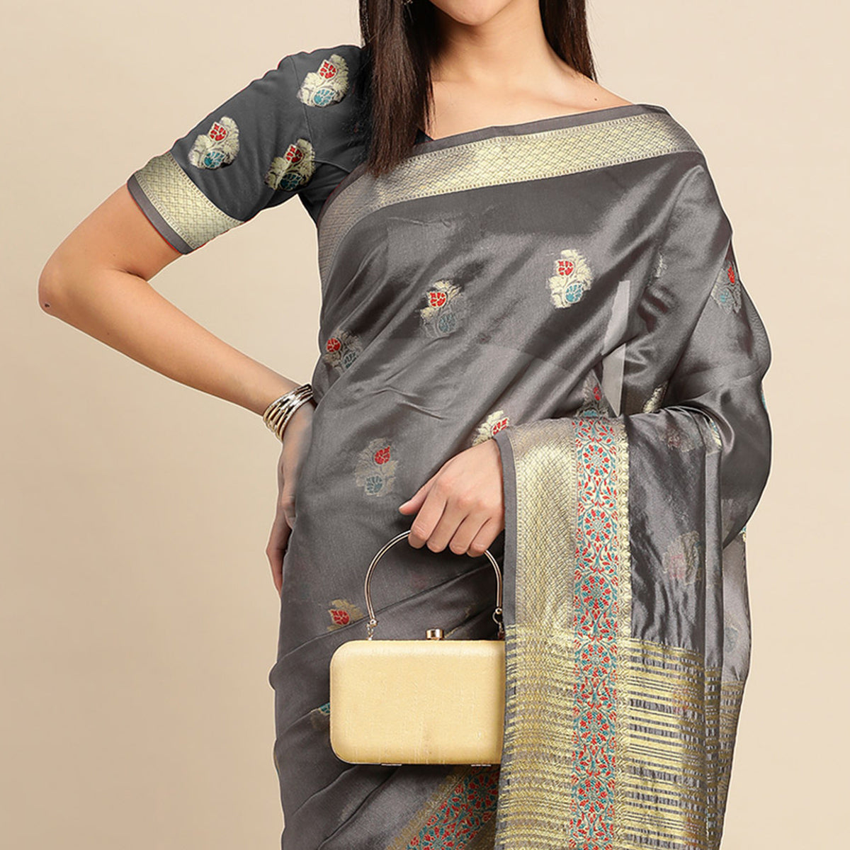 Grey Woven Organza Saree