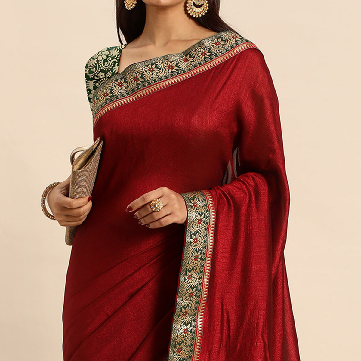 Maroon Solid Vichitra Silk Saree With Fancy Border