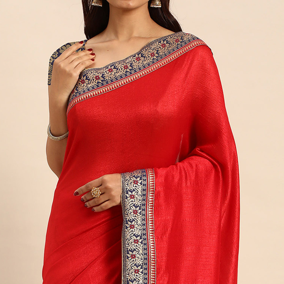 Red Solid Vichitra Silk Saree With Fancy Border