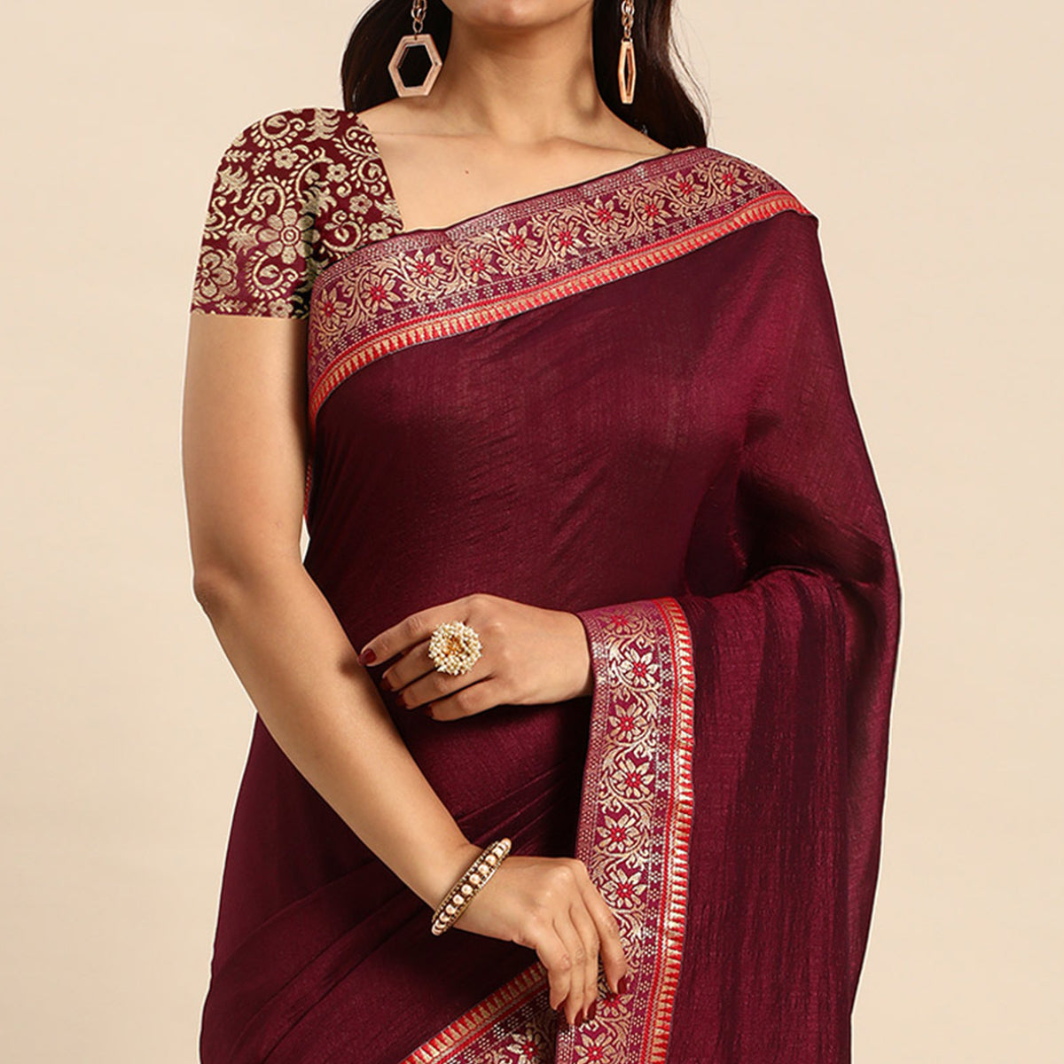 Brown Solid Vichitra Silk Saree With Fancy Border