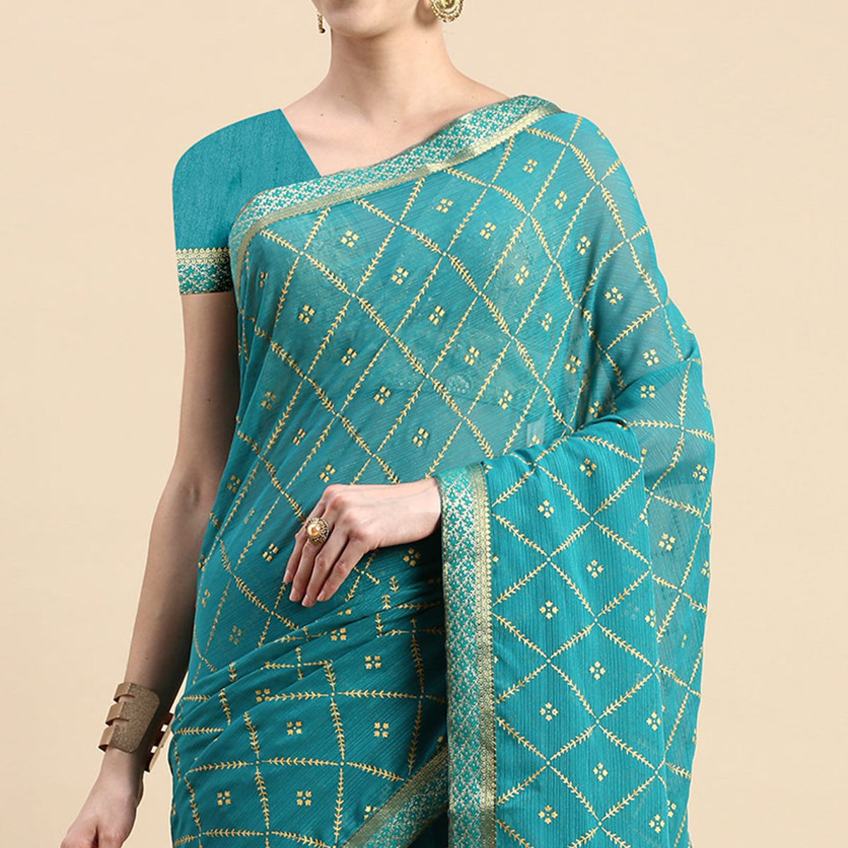 Turquoise Green Floral Foil Printed Zomato Saree