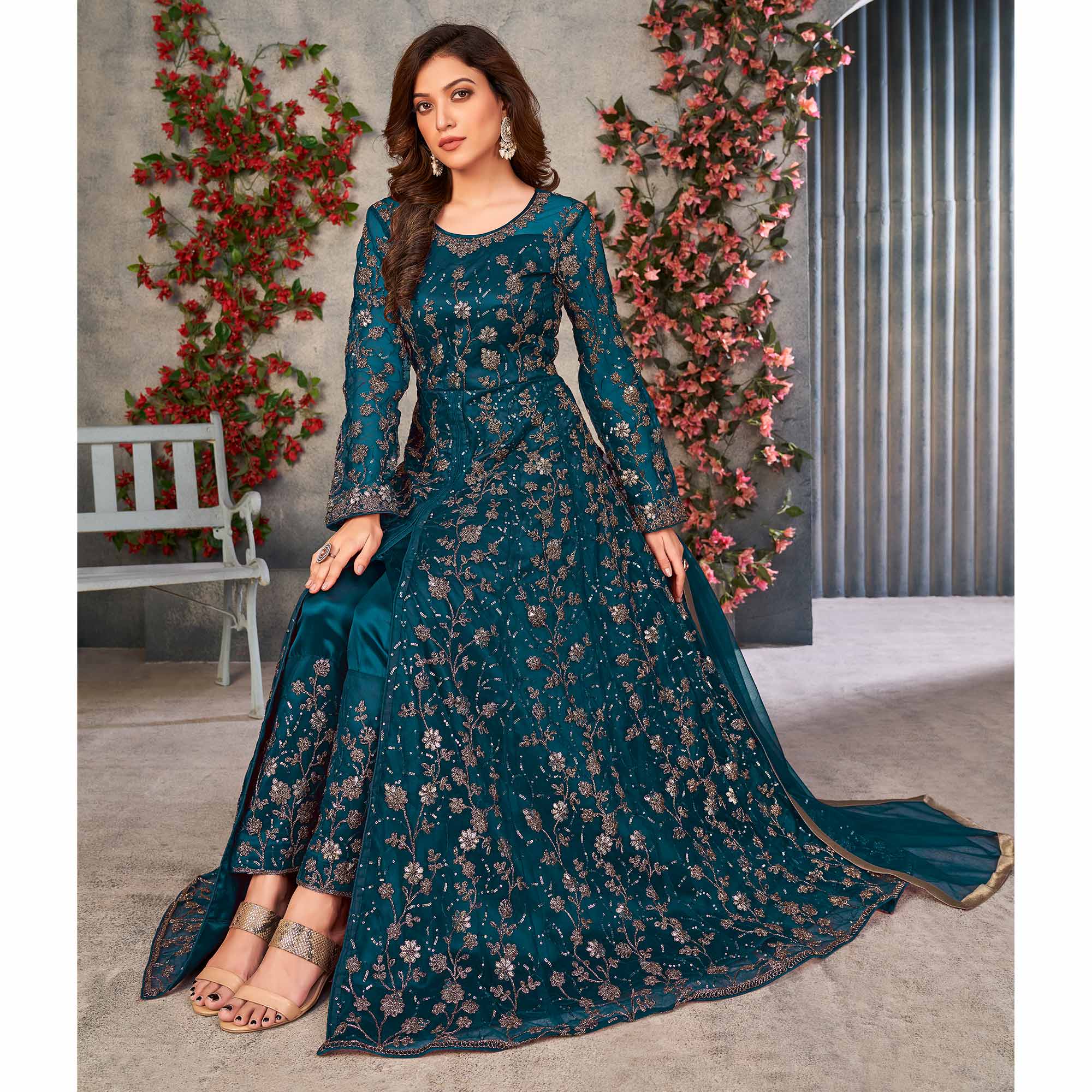 Morpich Embroidered Net Semi Stitched Anarkali Style Suit