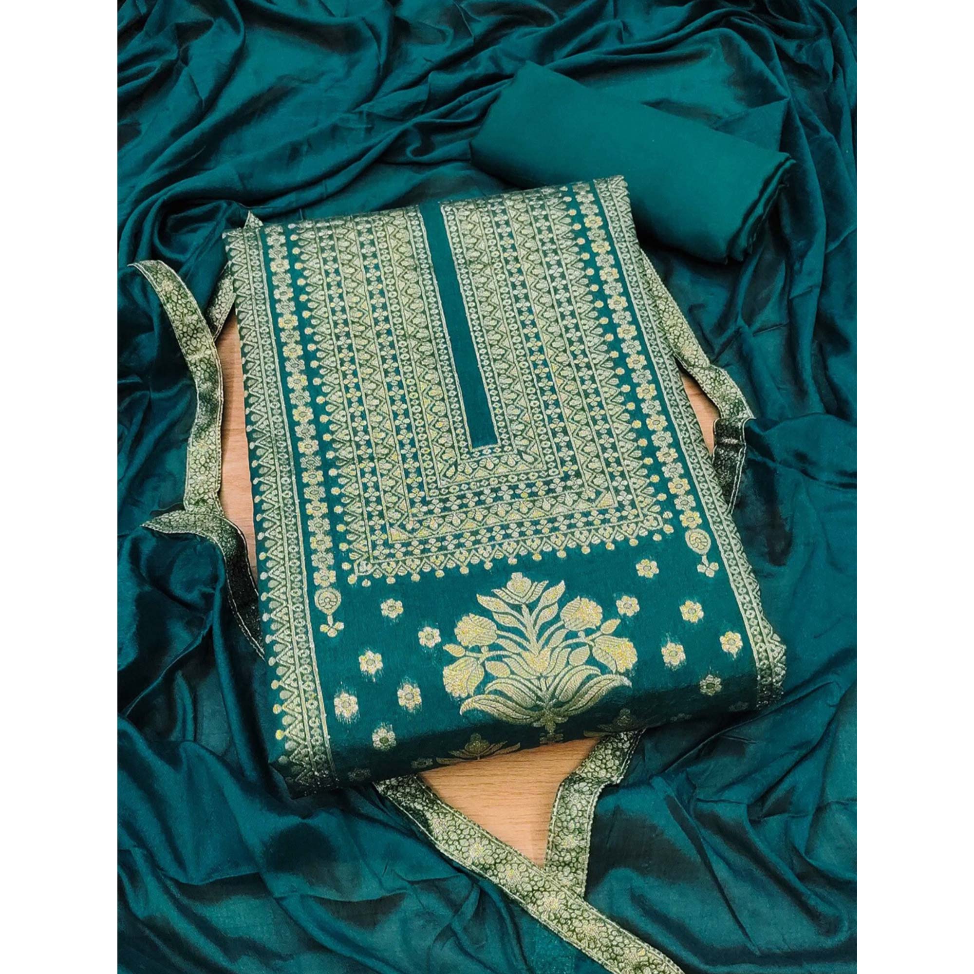 Rama Green  Floral Woven Banarasi Silk Dress Material