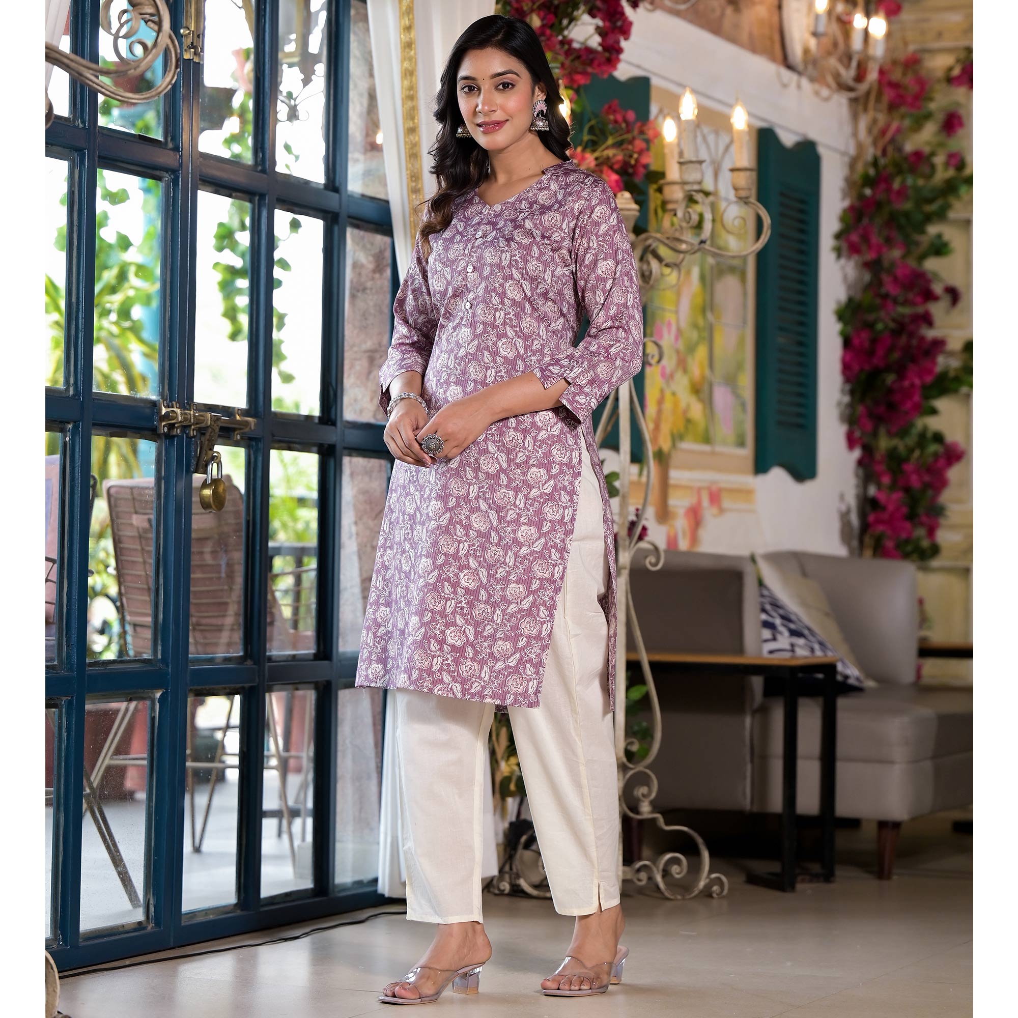 Purple Floral Printed Rayon Straight Kurti