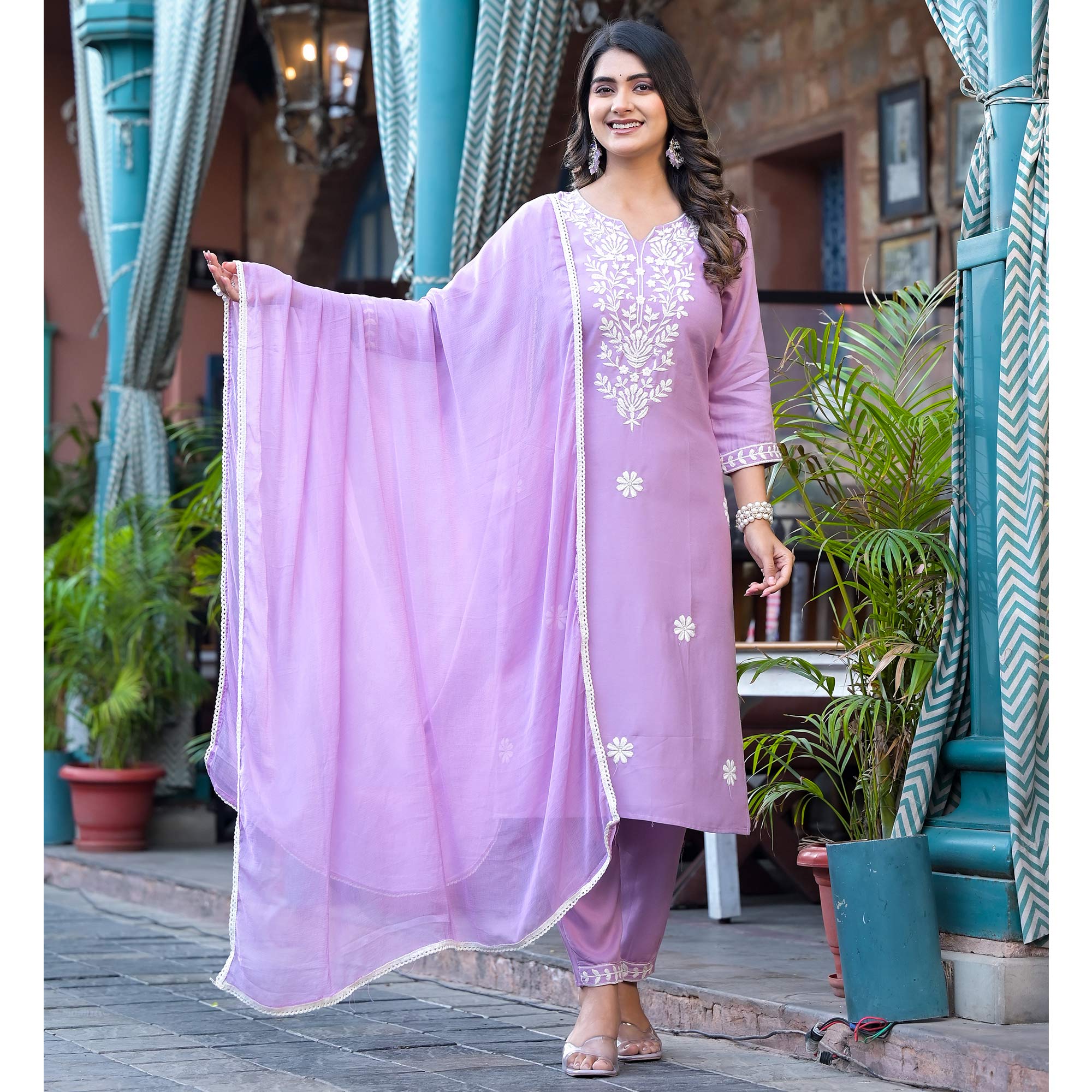 Lavender Lucknowi Embroidered Rayon Salwar Suit
