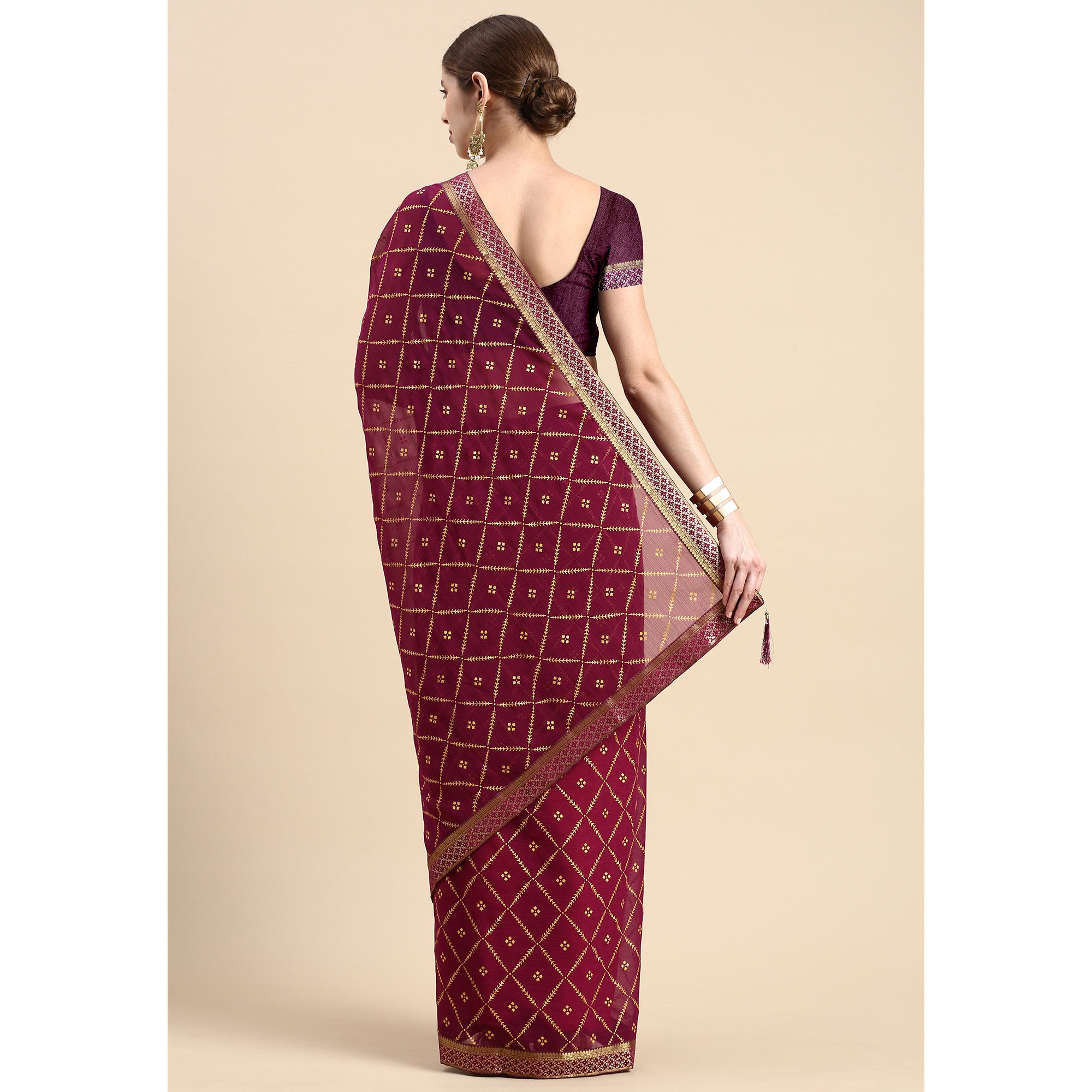 Purple Floral Foil Printed Zomato Saree