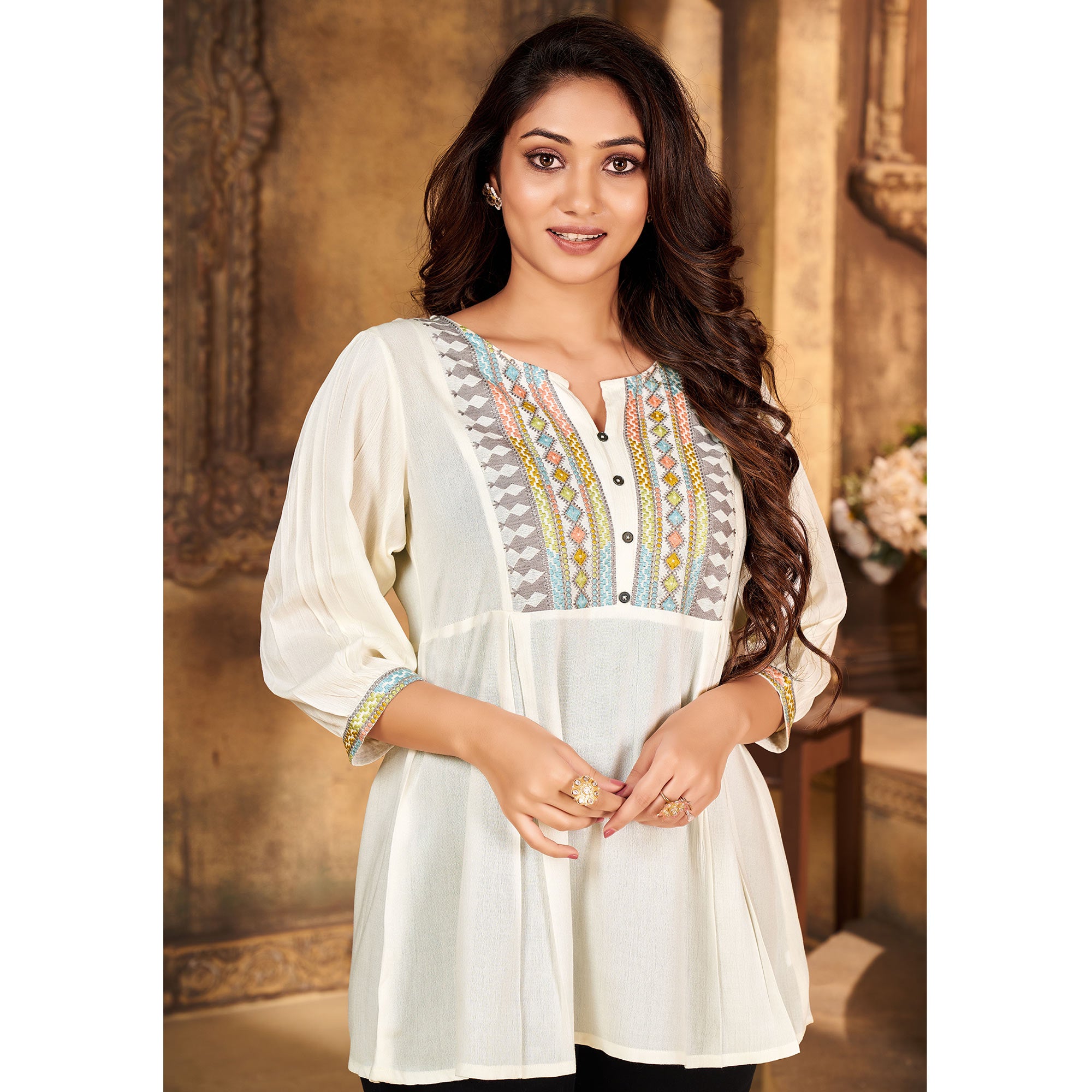 White Embroidered Rayon Top