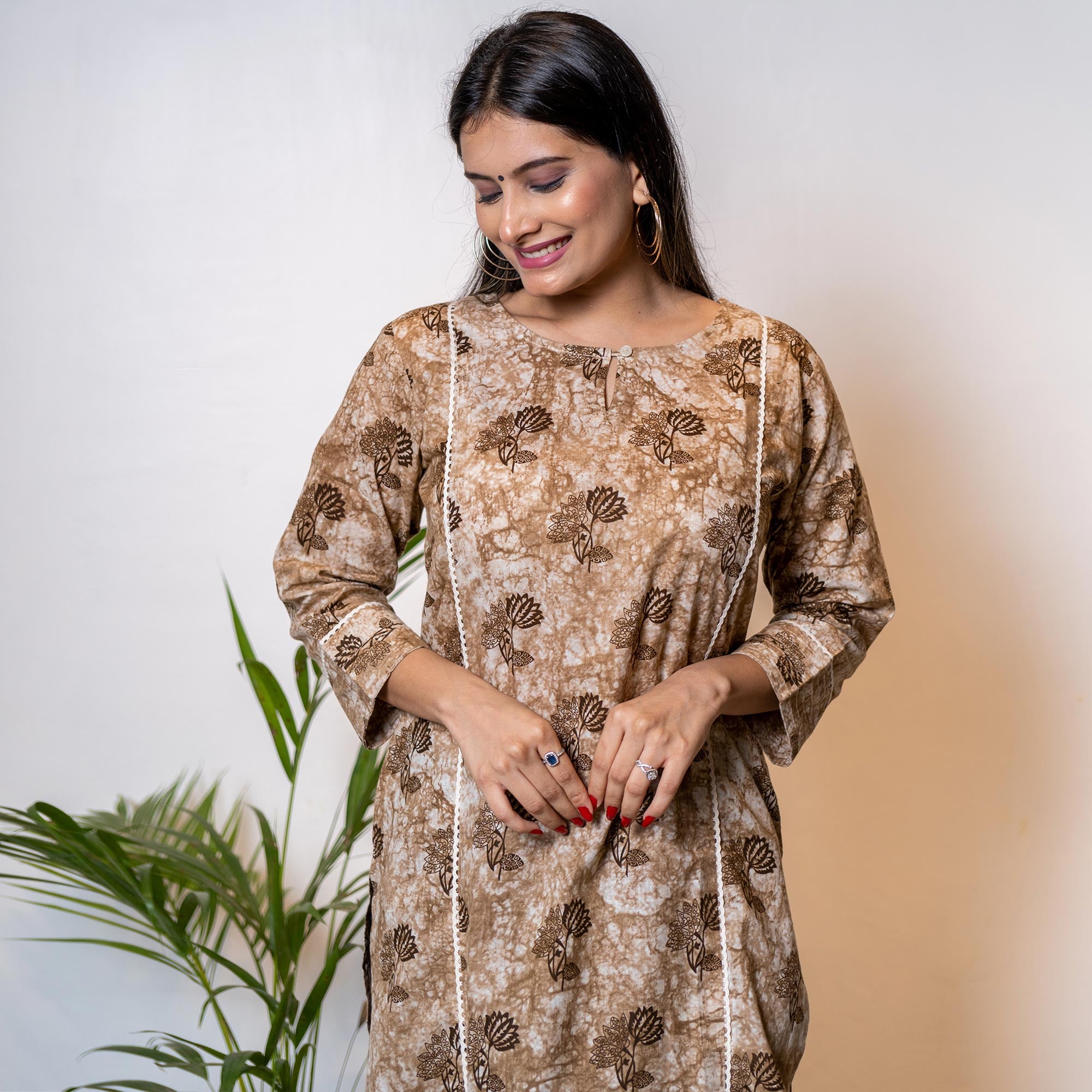 Brown Floral Printed Pure Cotton kurti