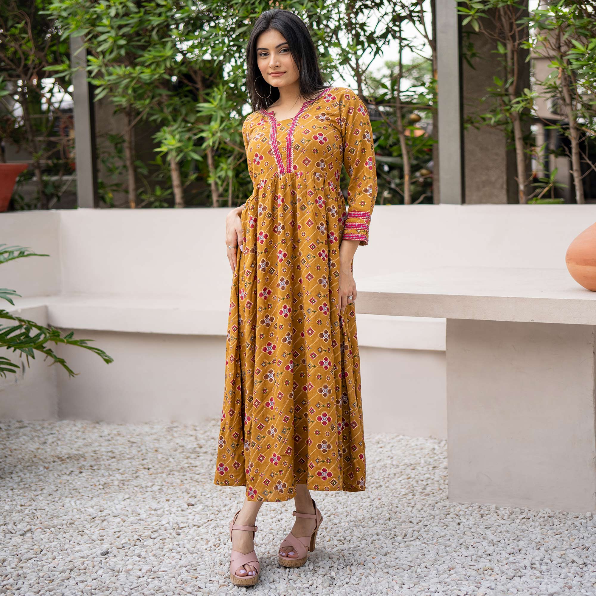 Mustard Printed Rayon Kurti