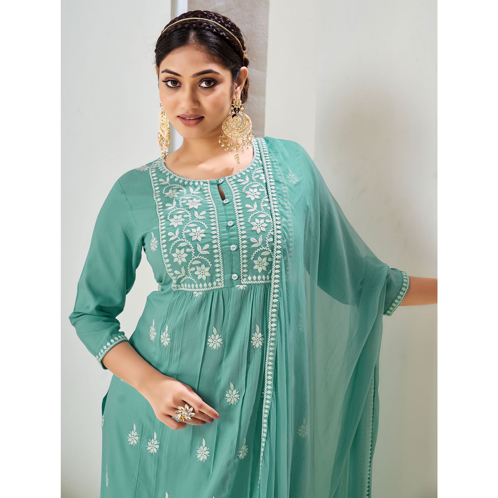 Turquoise Embroidered Rayon Suit