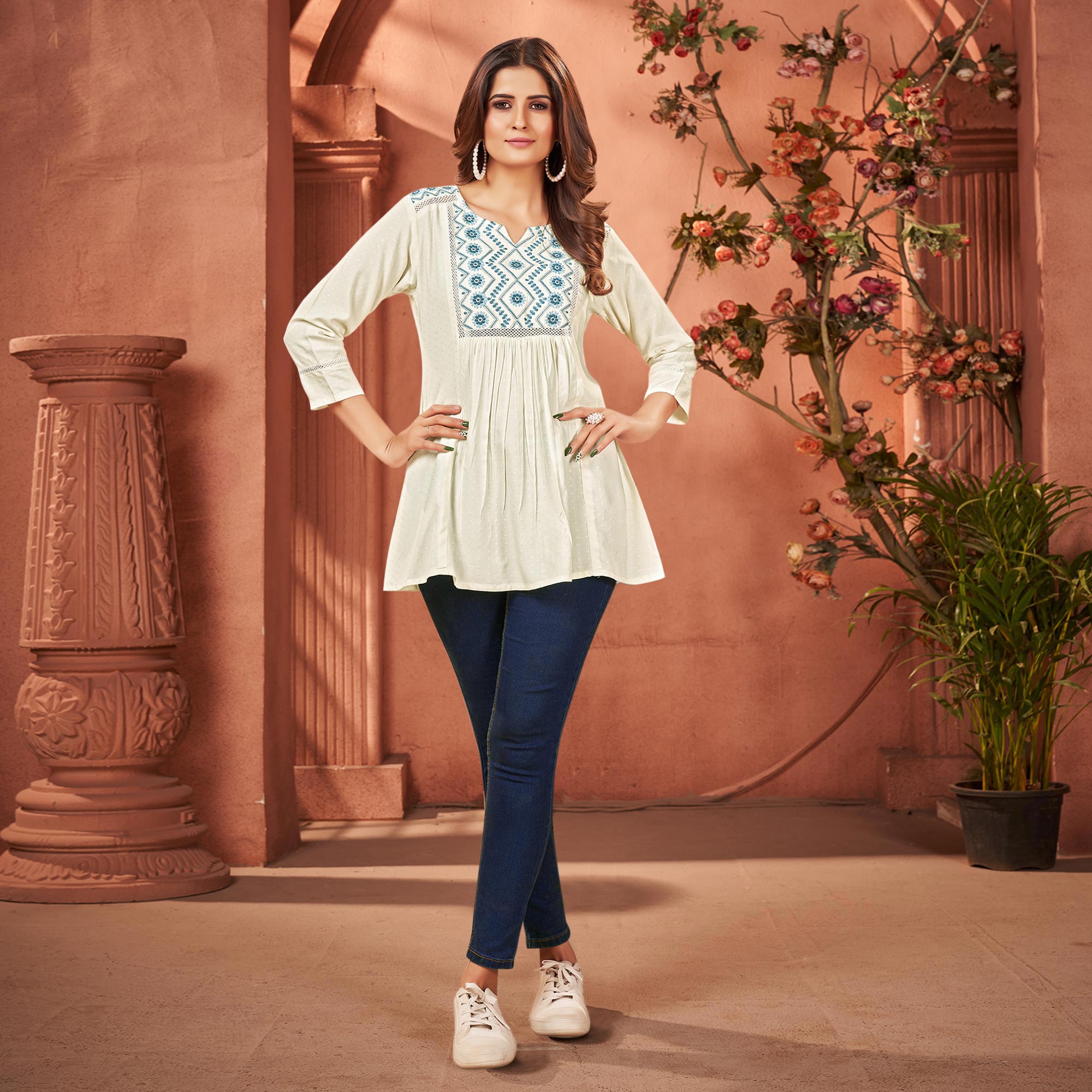 Cream Floral Embroidered Rayon Kurti