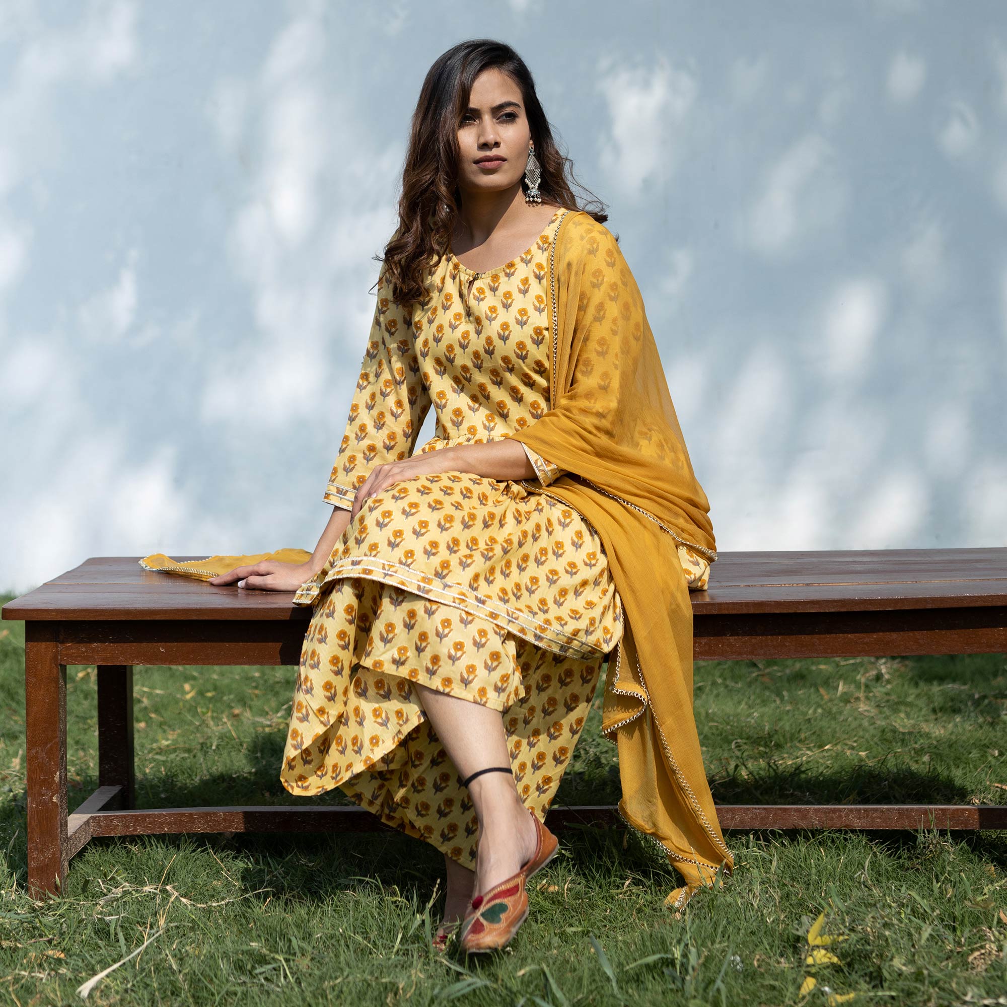 Mustard Printed Pure Cotton Sharara Suit