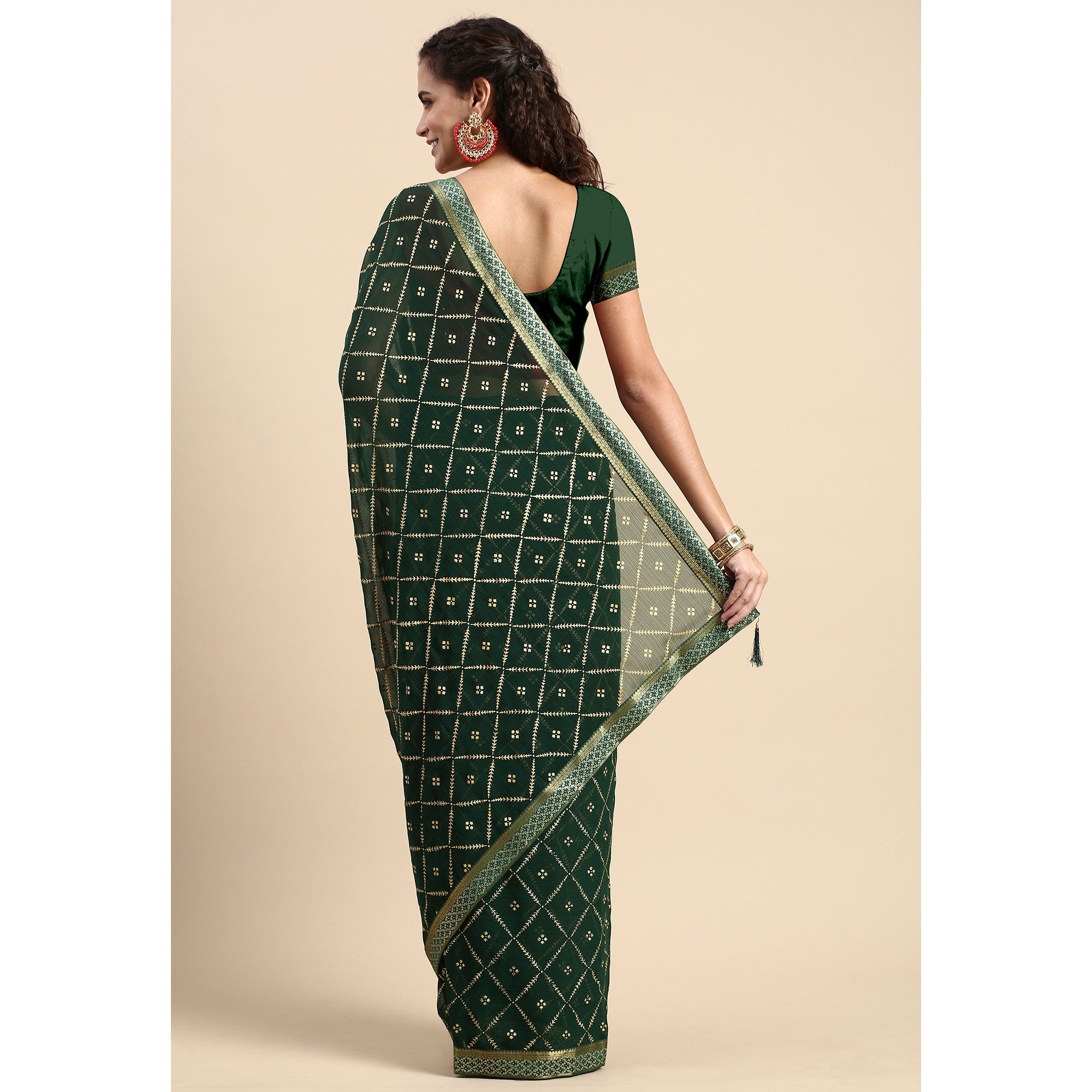 Green Floral Foil Printed Zomato Saree