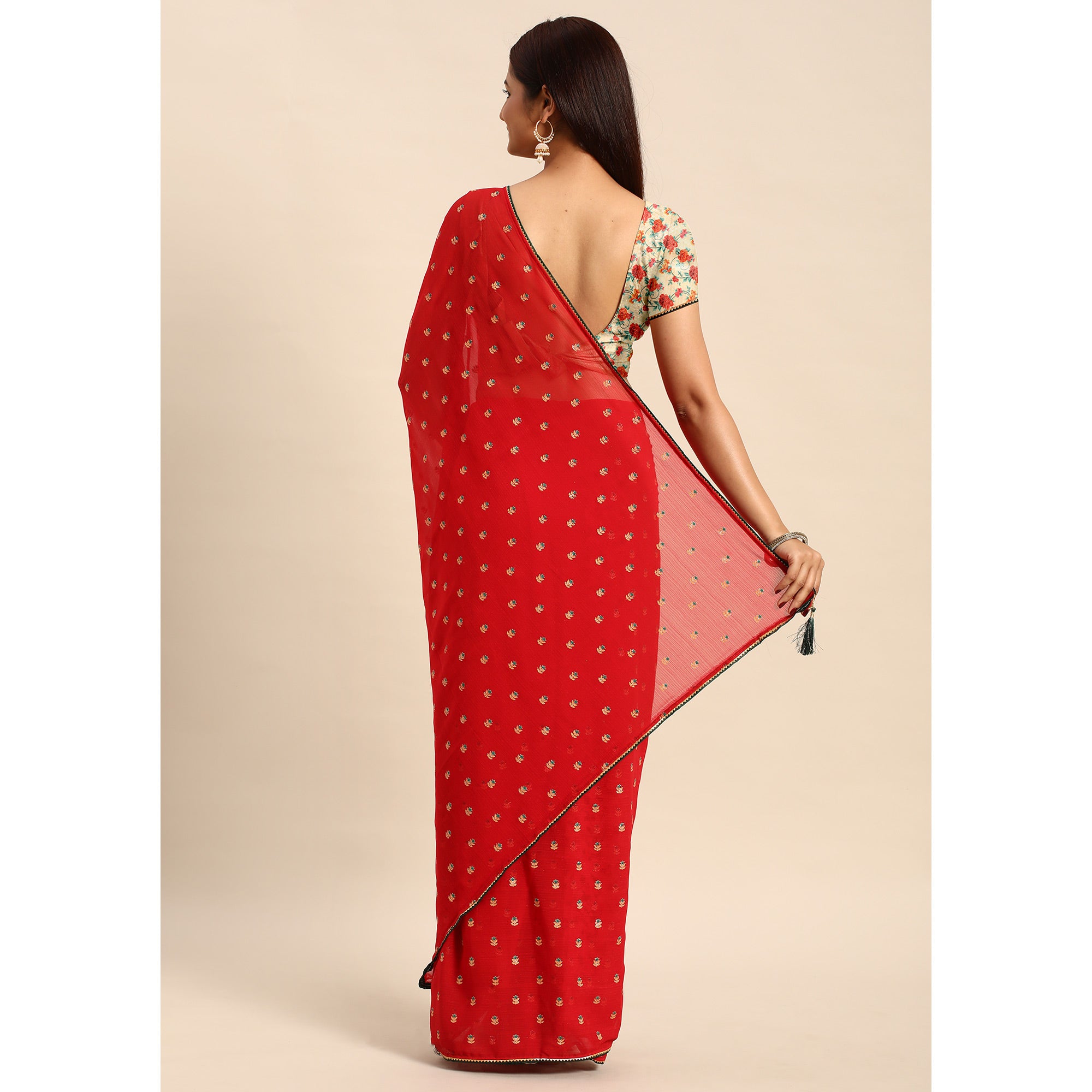 Red Embroidered Chiffon Saree