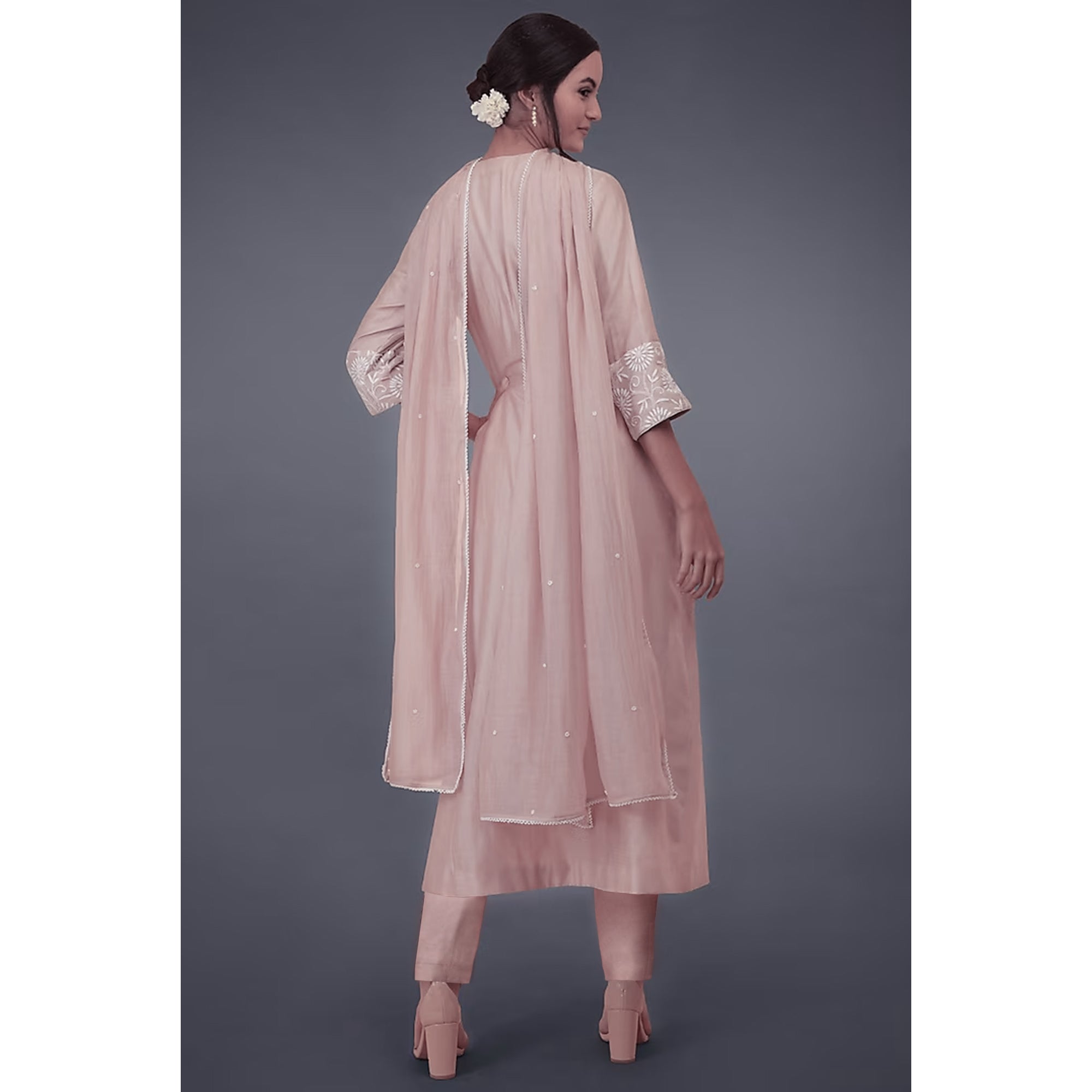 Pink Floral Embroidered Viscose Suit